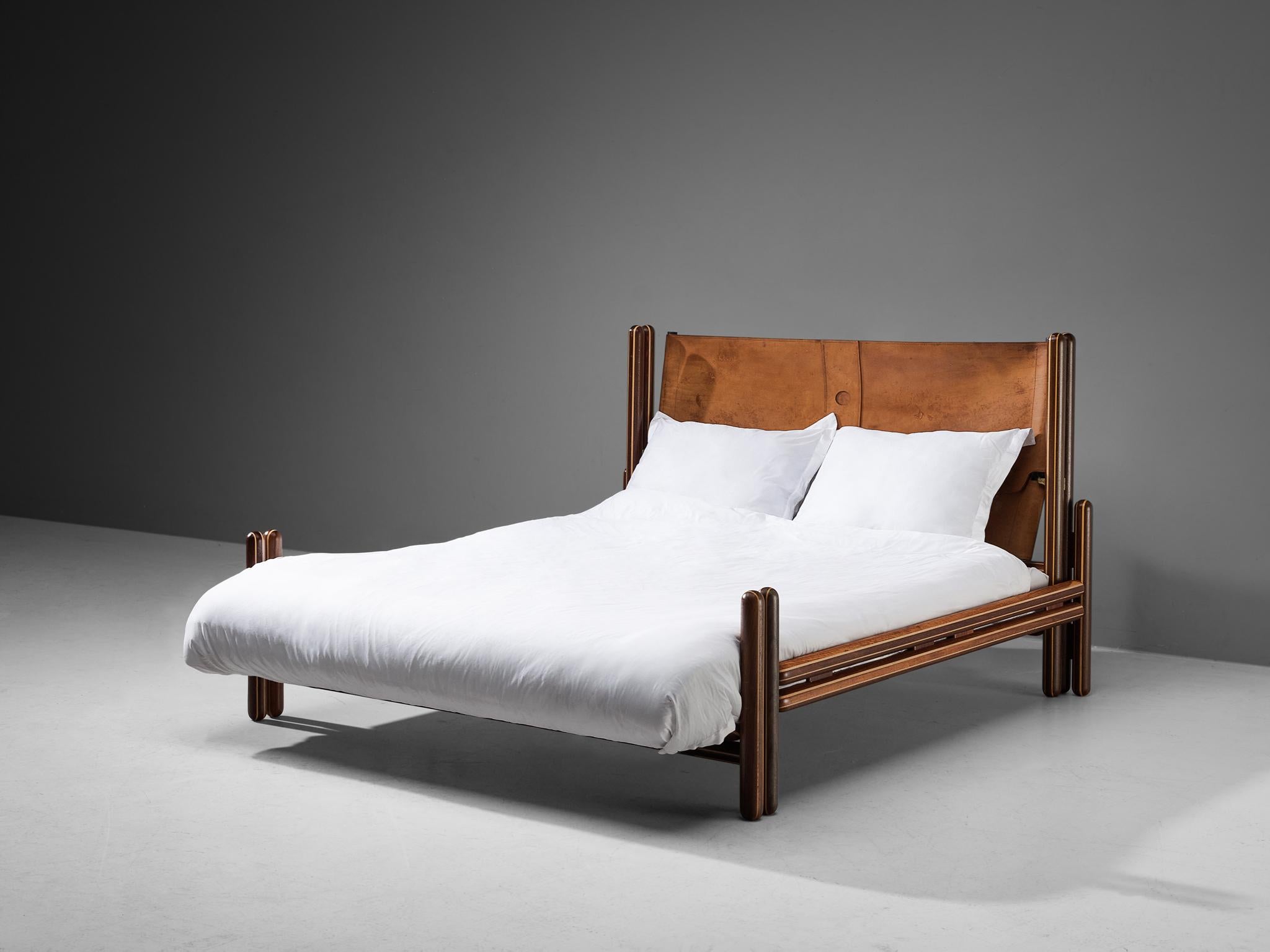 Aluminum Carlo Scarpa for Simon Gavina 'Toledo' Queen Bed in Padouk and Leather 