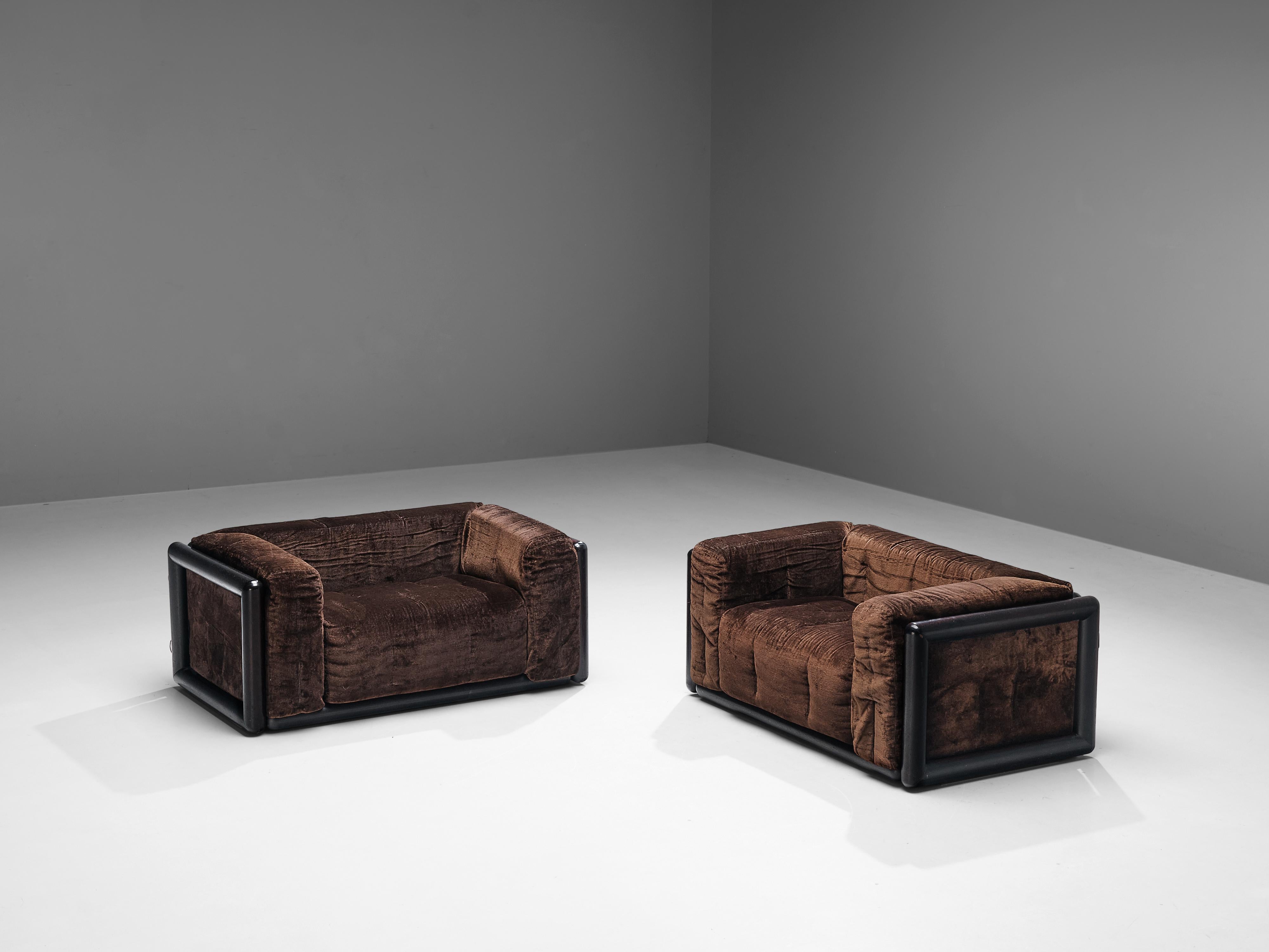 Carlo Scarpa for Simon, 'Cornaro' loveseats, fabric upholstery, wood, Italy, designed in 1973 

The 'Cornaro' sofa by Carlo Scarpa is a perfect example of the Ultrarazionale style; breaking away from the strict limits of Rationalism, resulting in a