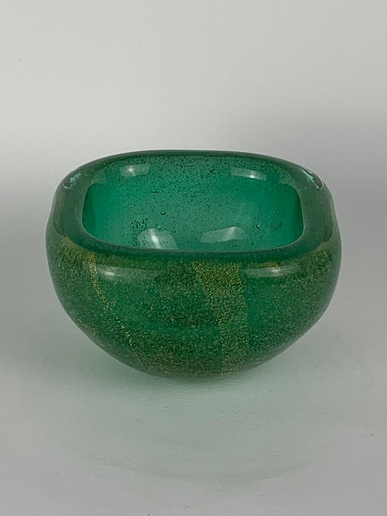 Green blown Murano glass bowl made by the Venini company in about 1936, this series of glasses called 