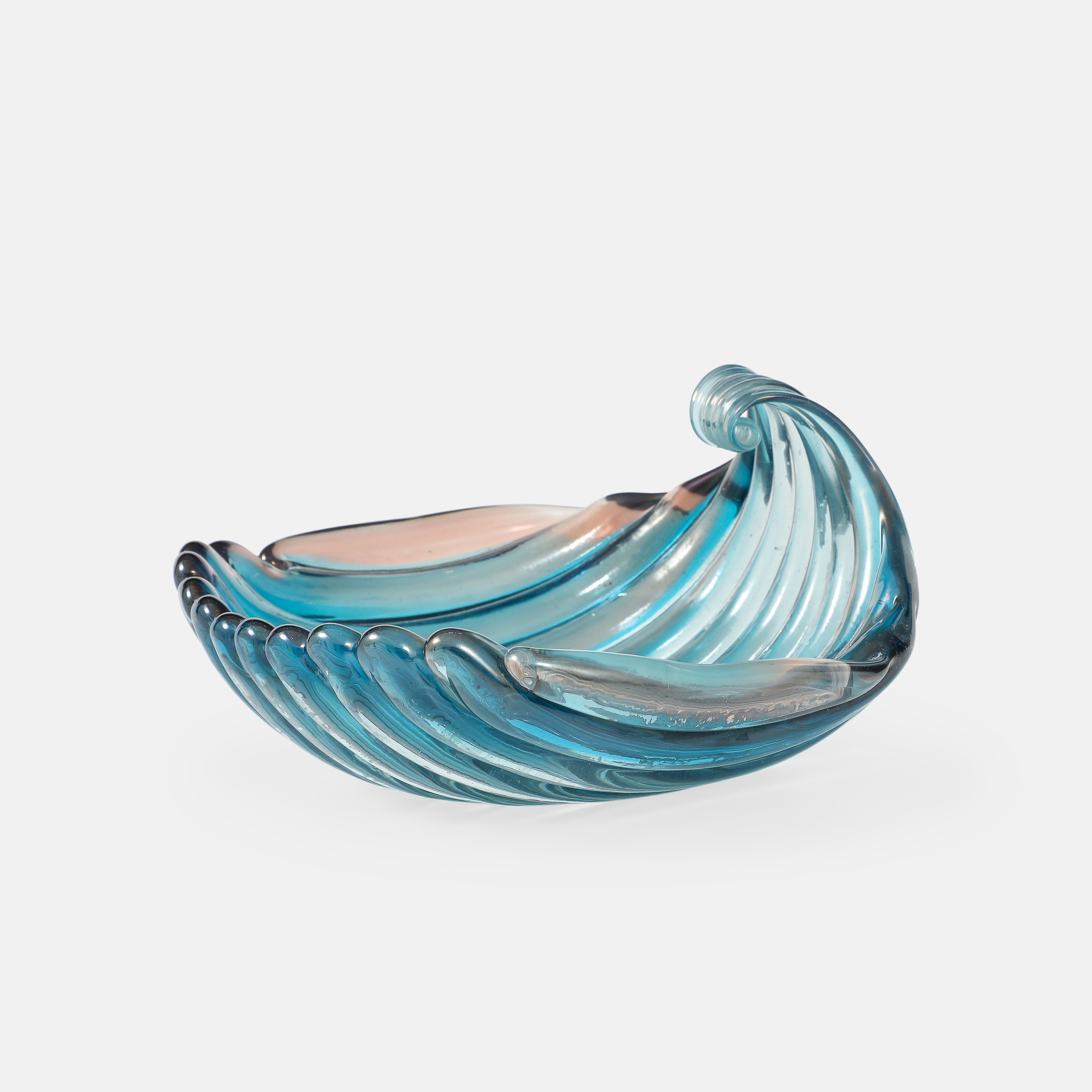 Carlo Scarpa for Venini Turquoise Shell Glass Dish, Murano, Italy, 1940s