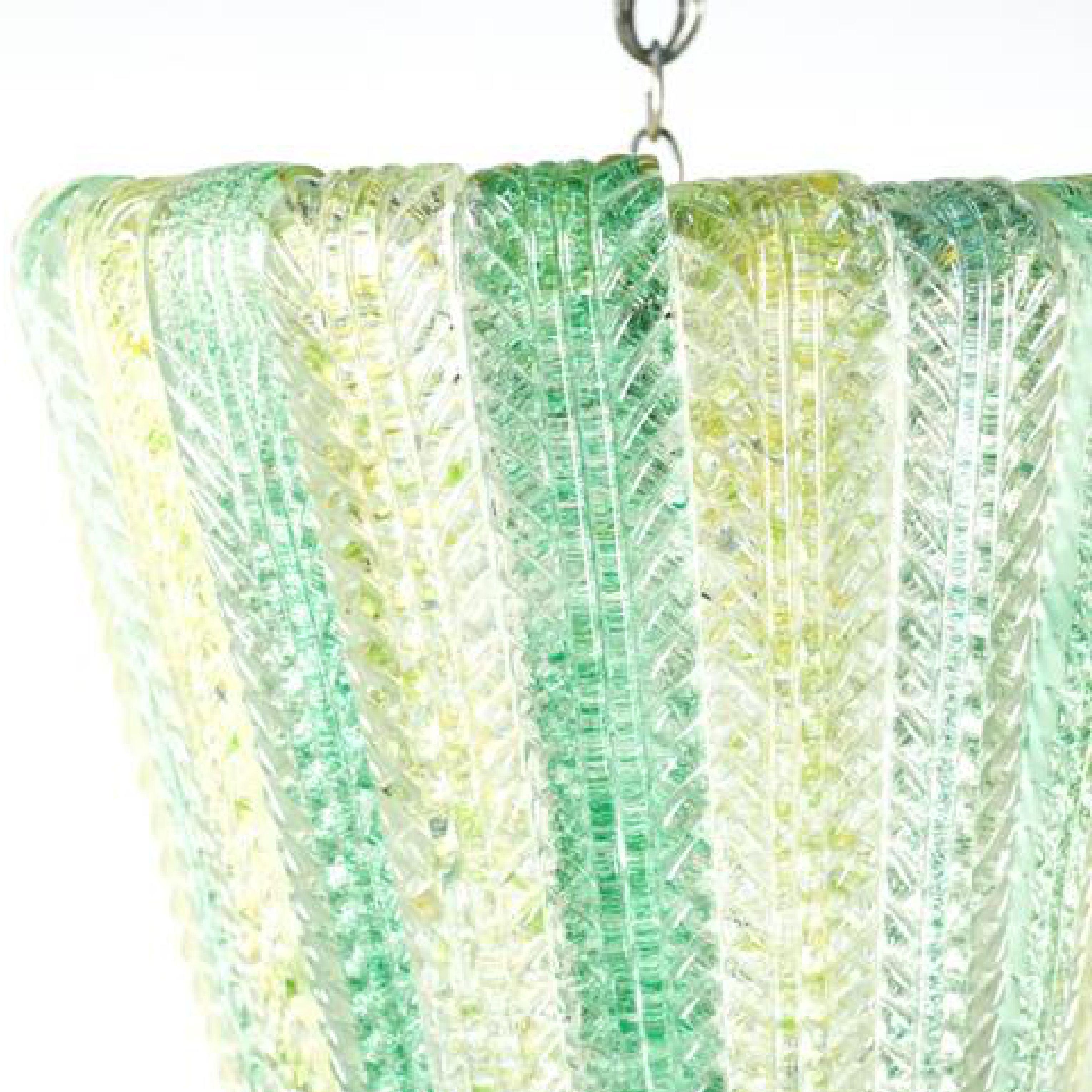 Carlo Scarpa for Venini waterfall foliate Murano chandelier pendant, 1940s. Blown Murano green and yellow glass with 4 sockets. Waterfall foliate glass leaves around central enameled frame and bulbs.