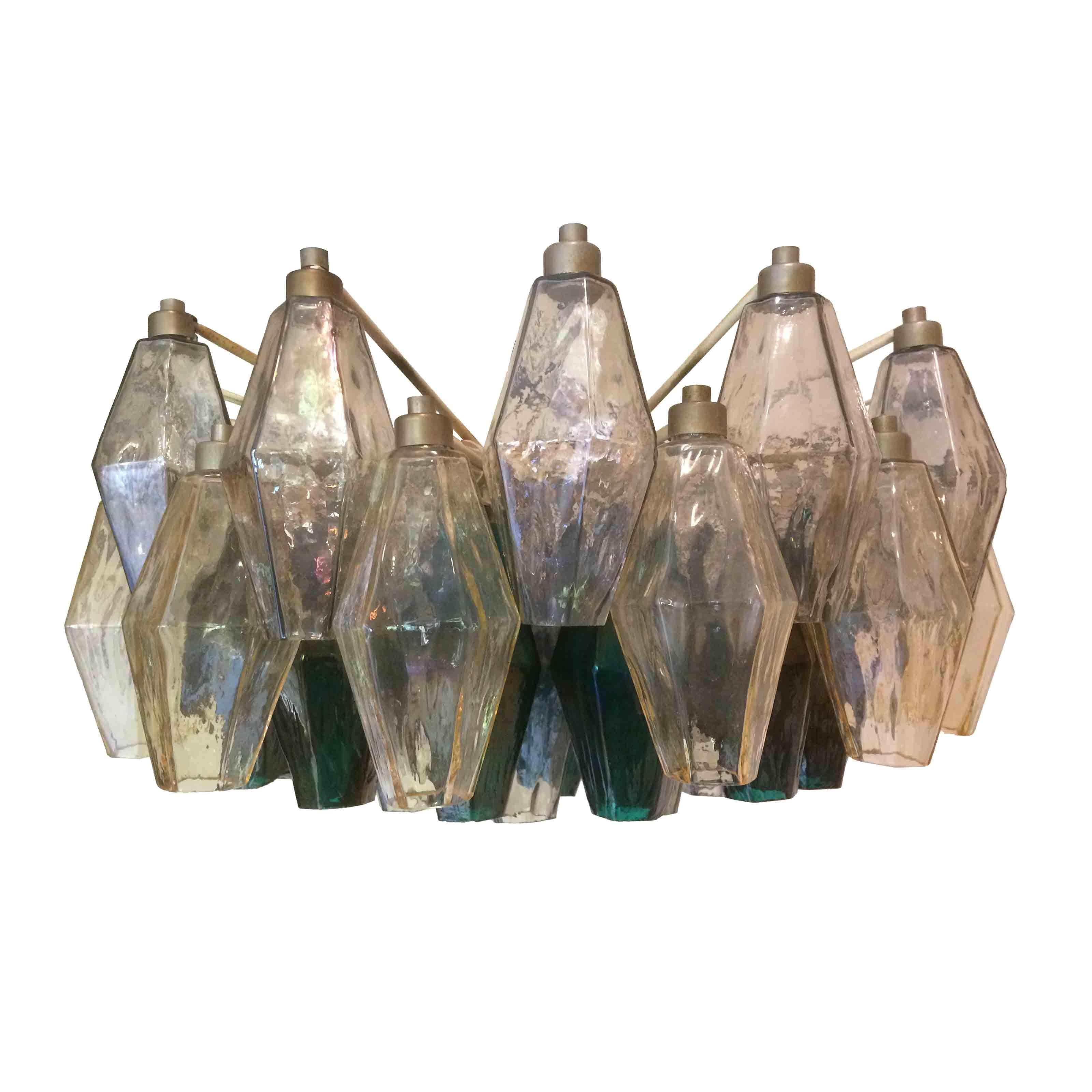 Mid-Century Modern Carlo Scarpa Green Poliedri Chandelier in Murano Opaline Glass for Venini, 1958 For Sale