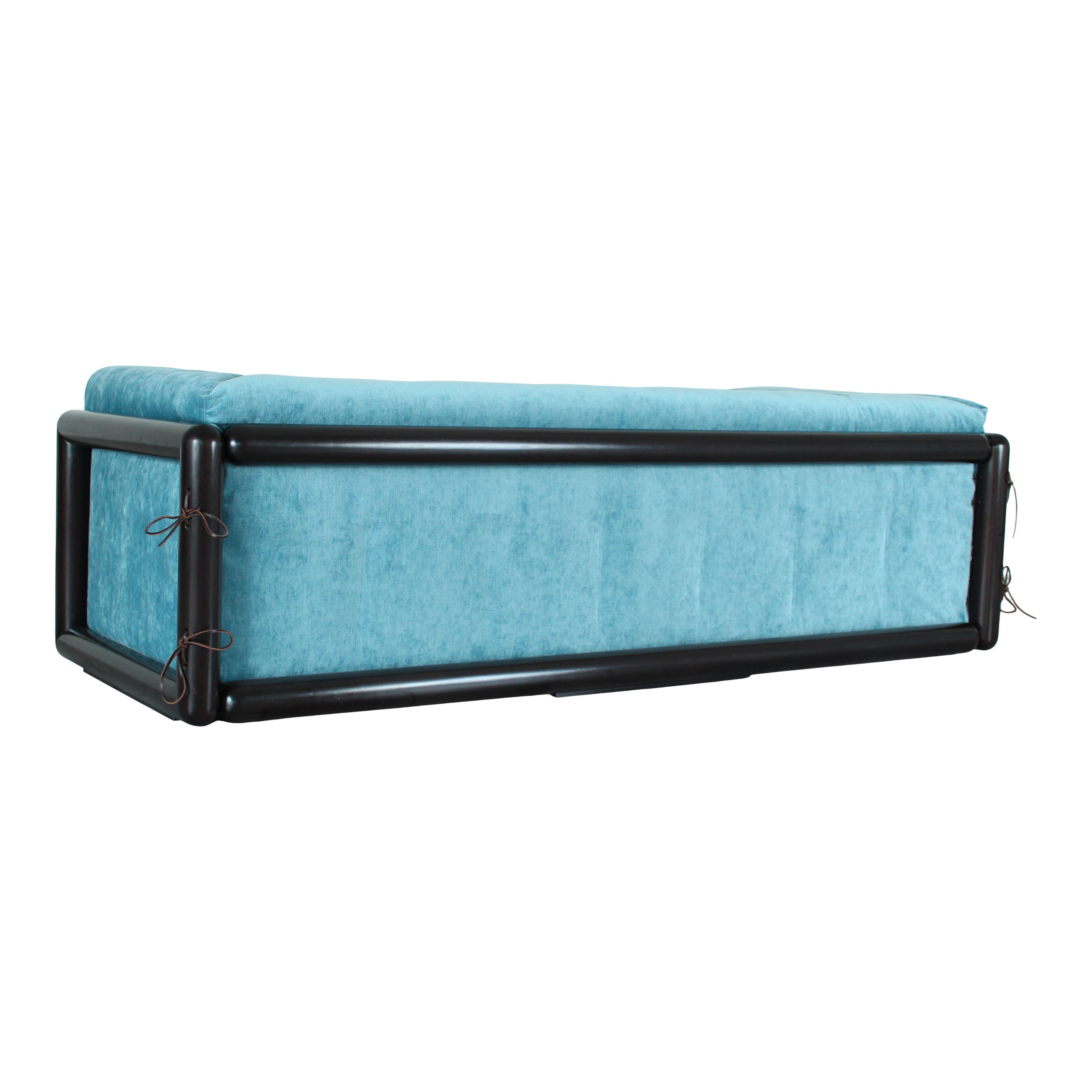 Late 20th Century Carlo Scarpa Iroko Wood and Azure Velvet Cornaro Sofa for Studio Simon, 1974 For Sale