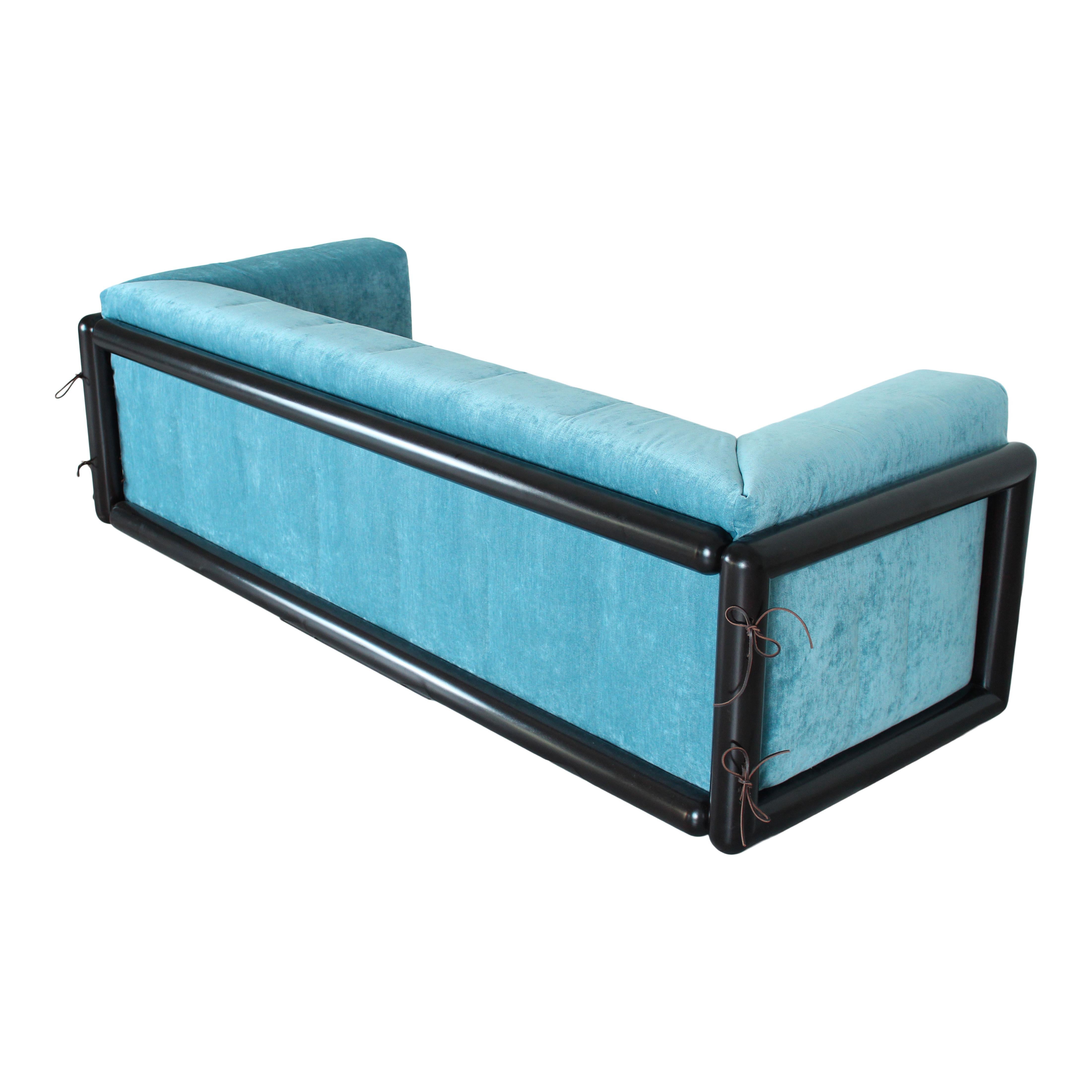 Chenille Carlo Scarpa Iroko Wood and Azure Velvet Cornaro Sofa for Studio Simon, 1974 For Sale