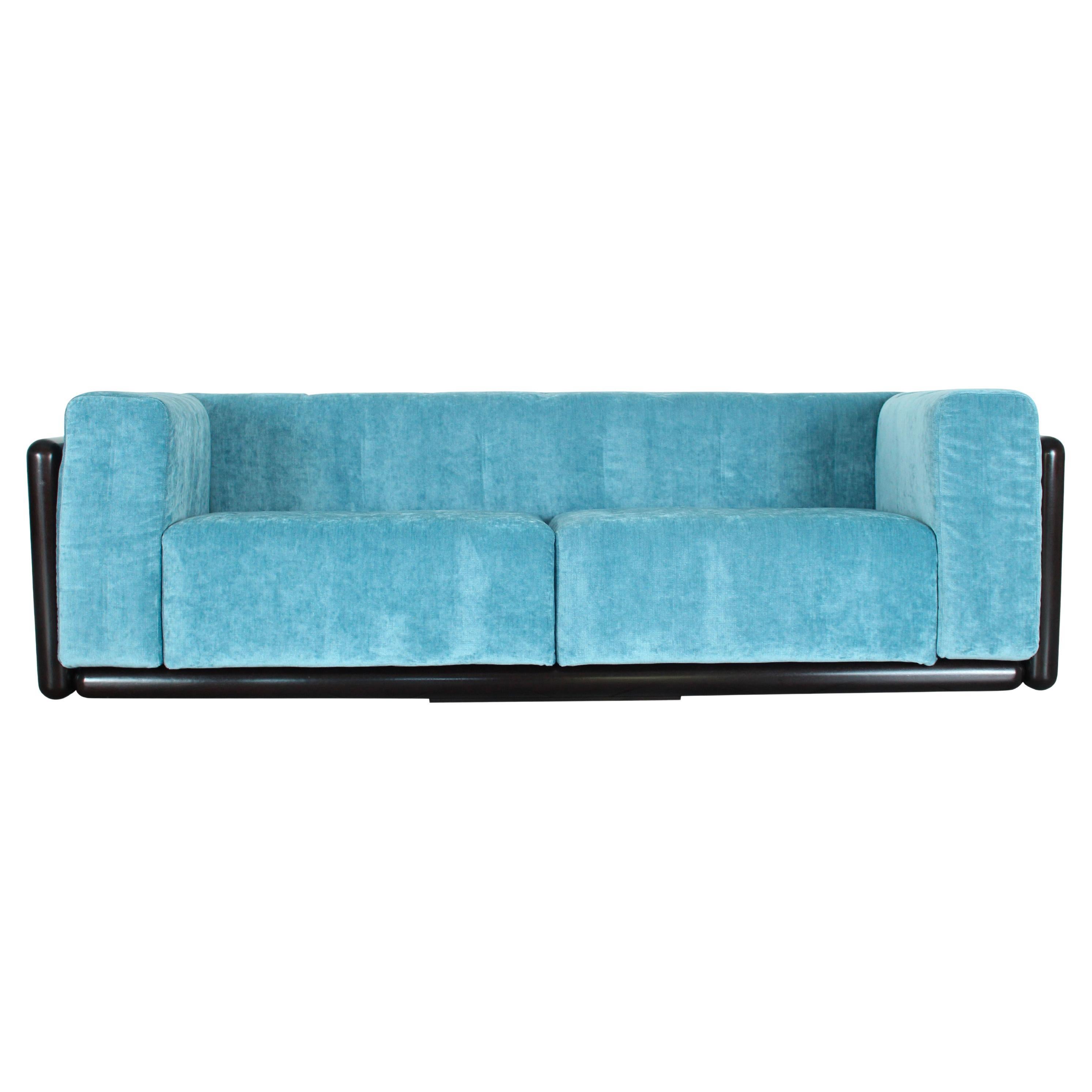 Carlo Scarpa Iroko Wood and Azure Velvet Cornaro Sofa for Studio Simon, 1974 For Sale