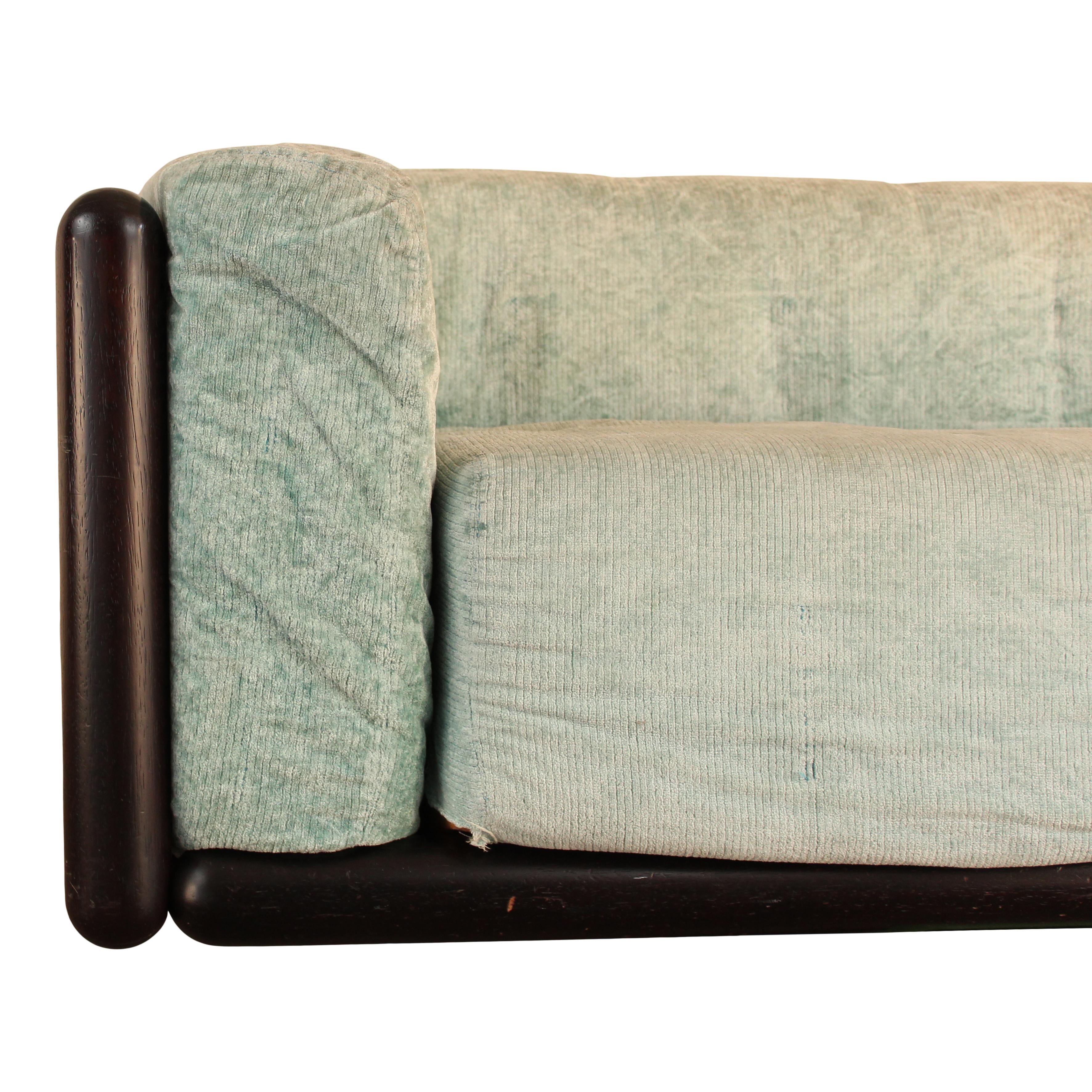 Cornaro two-seater sofa, designed by Carlo Scarpa and manufactured by Studio Simon in 1974.

Made of Iroko wood, foam, and azure chenille velvet.

Excellent vintage condition.

Born in Venice on June 2nd, 1906, Carlo Scarpa began working very