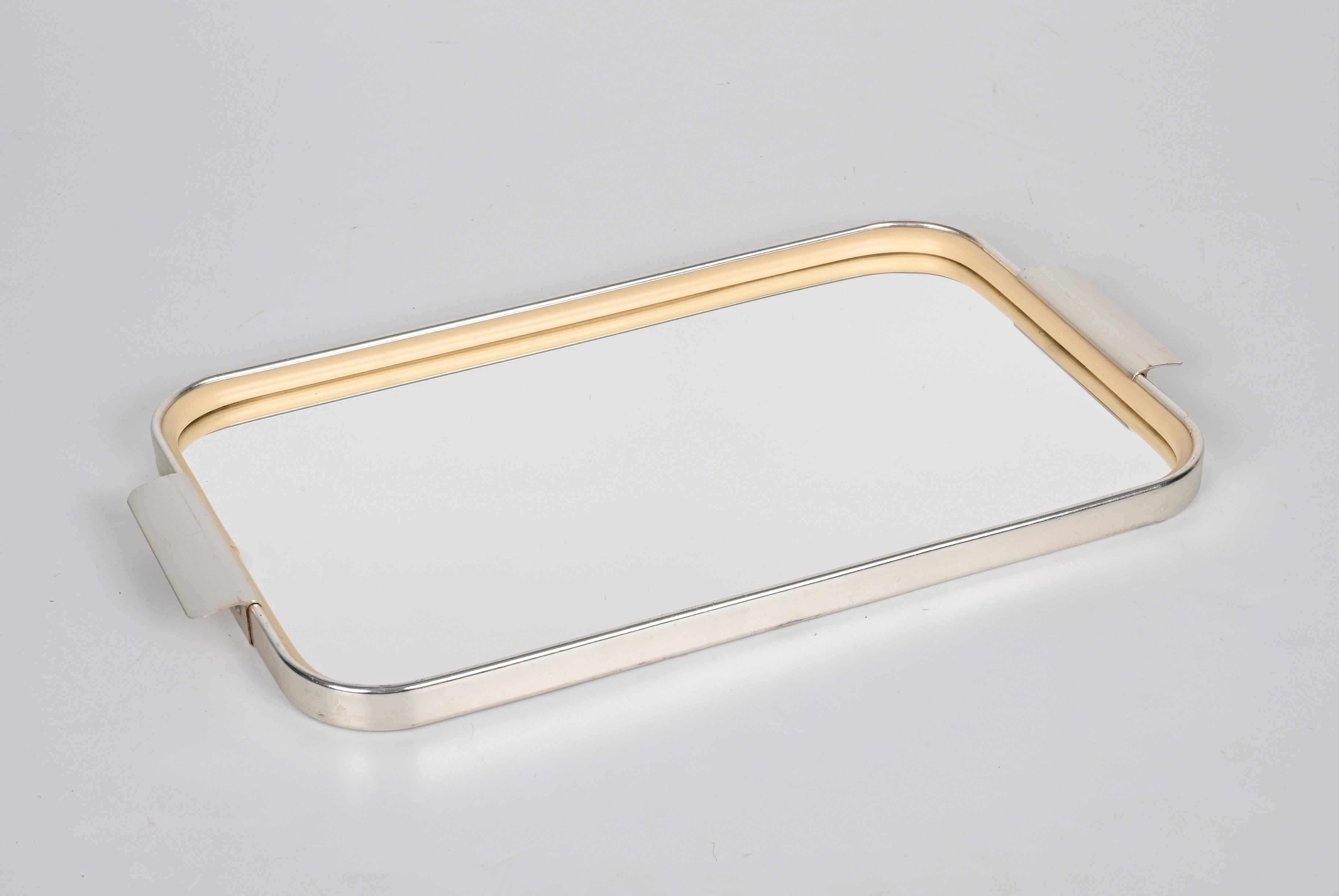 Carlo Scarpa Midcentury Aluminum Italian Serving Tray with Mirror Top, 1960s In Good Condition In Roma, IT