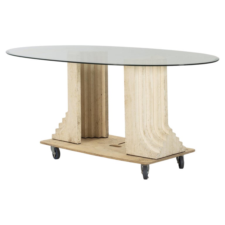 Carlo Scarpa Oval table clear glass and beige open travertine base Italy 1970  For Sale