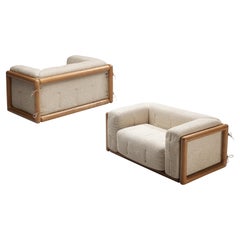Carlo Scarpa Pair of 'Cornaro' Lounge Chairs in Ash and Off-White Upholstery