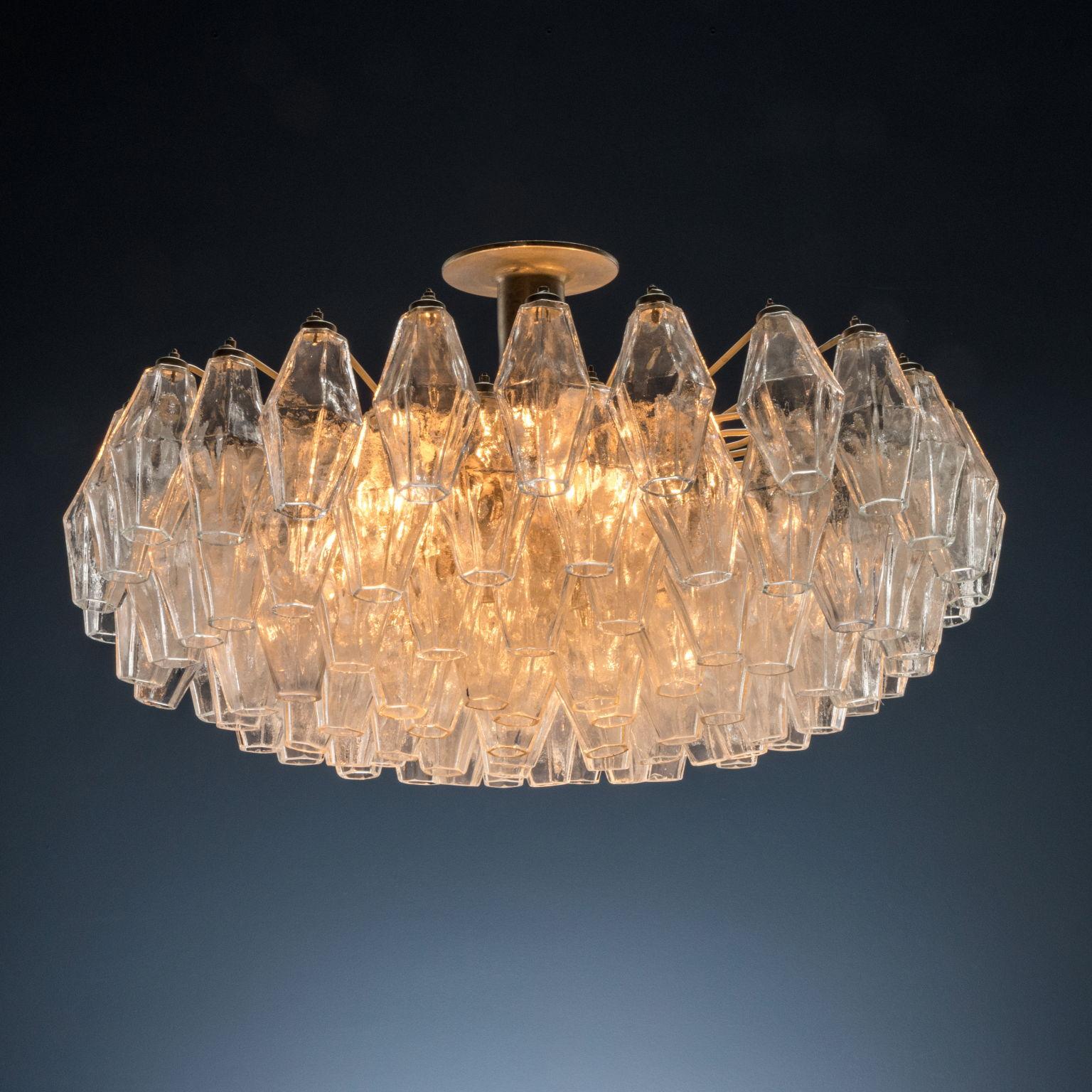Suspension lamp by Venini for the Poliedri series with metal structure and Murano glass elements from the 1960s.