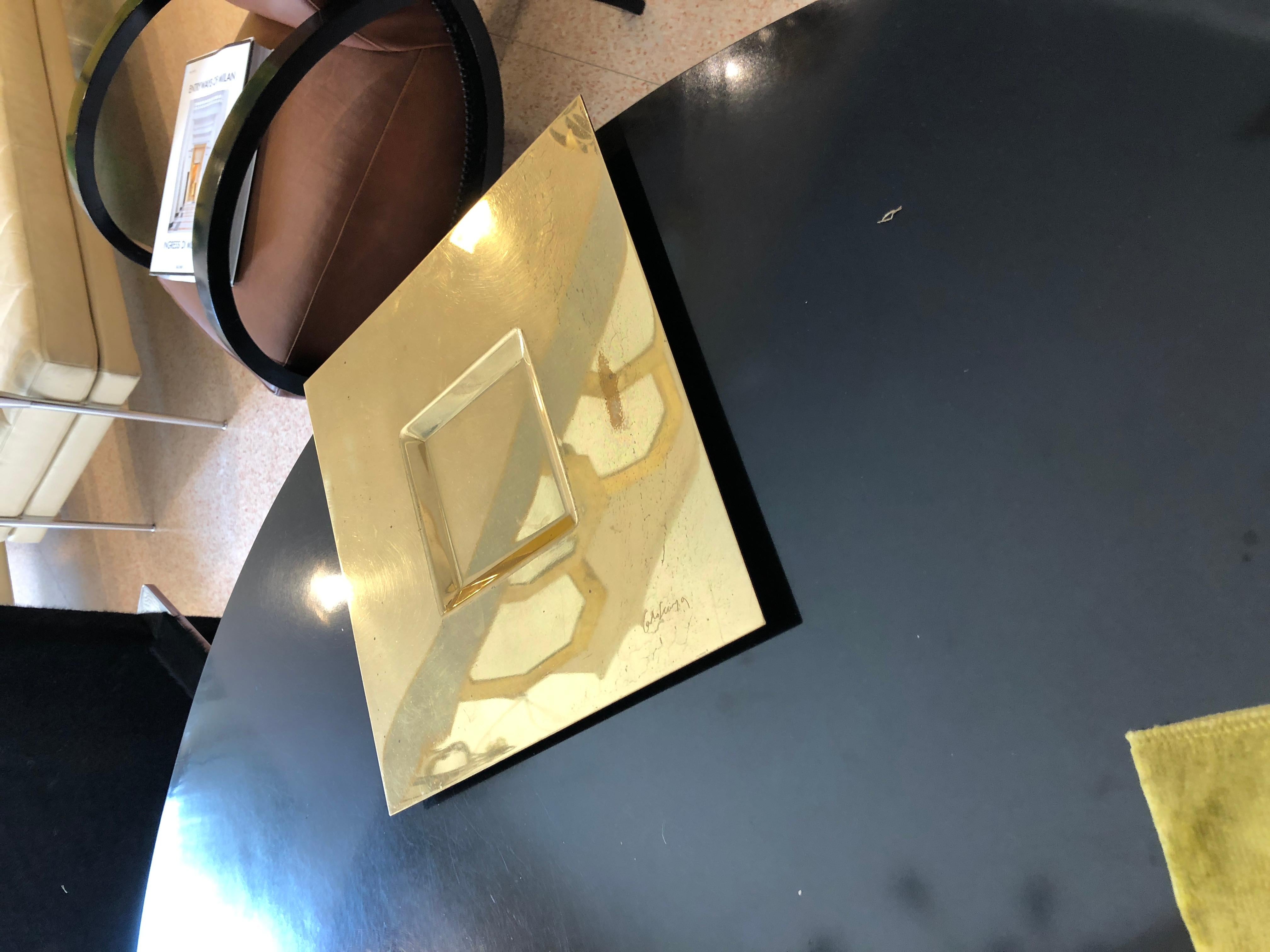 Mid-Century Modern Carlo Scarpa Signed Golden Brass Squared Plate