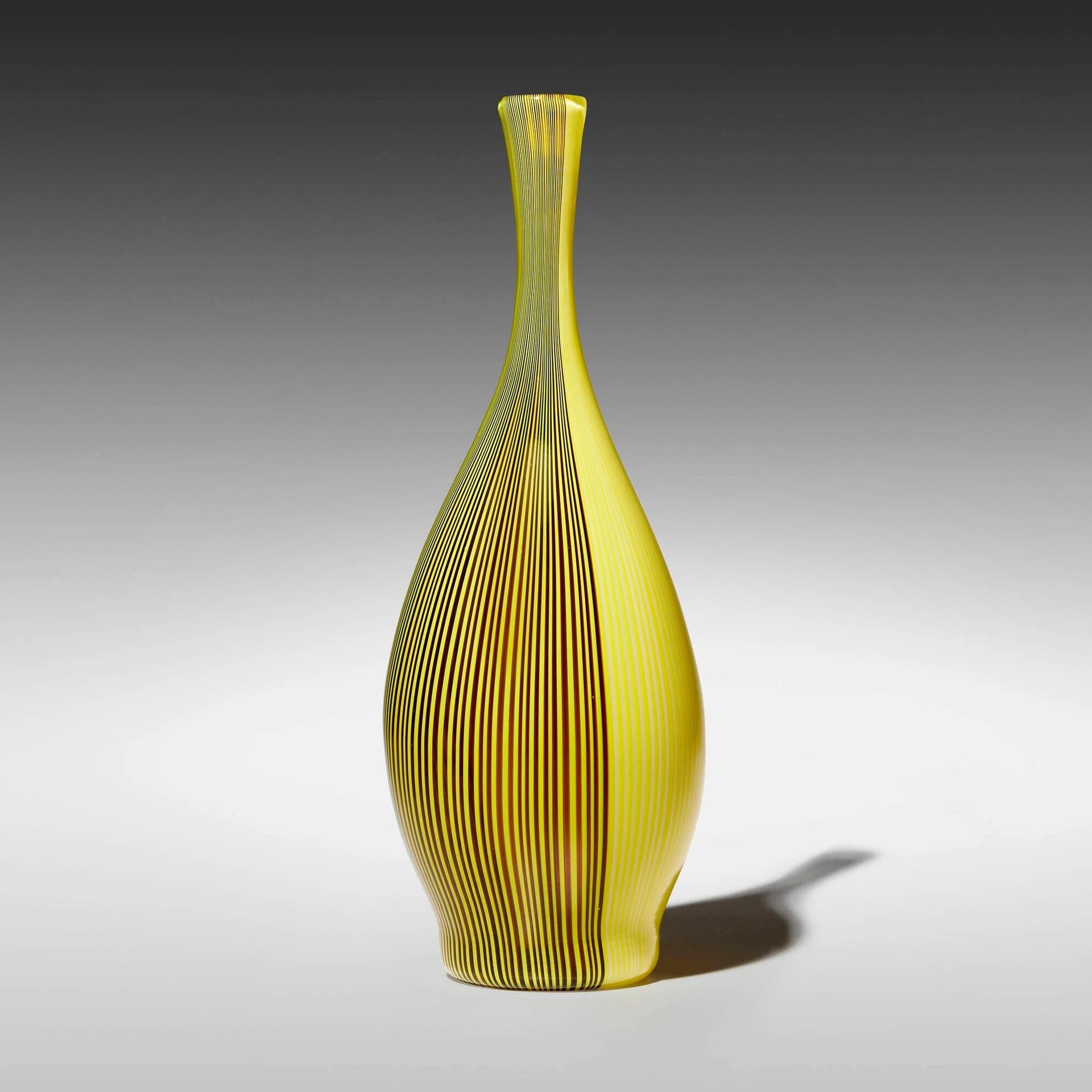italien Vase Carlo Scarpa Tessuto Venini Murano Jaune Noir Rayures Verre d'art vénitien en vente