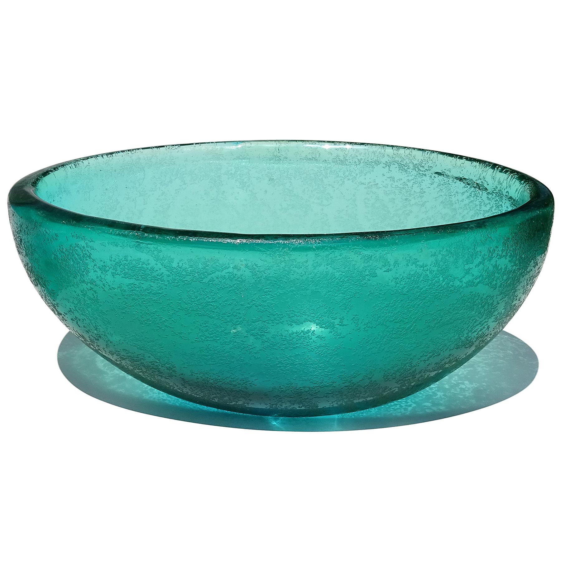 Beautiful large Murano hand blown green with acid etched surface Italian art glass decorative bowl. Documented to designer and architect Carlo Scarpa for Venini, circa 1934-1936. Created in the 