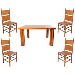 Carlo Scarpa Walnut Wood Scuderia Table and Kentucky Chairs for Bernini, 1970s