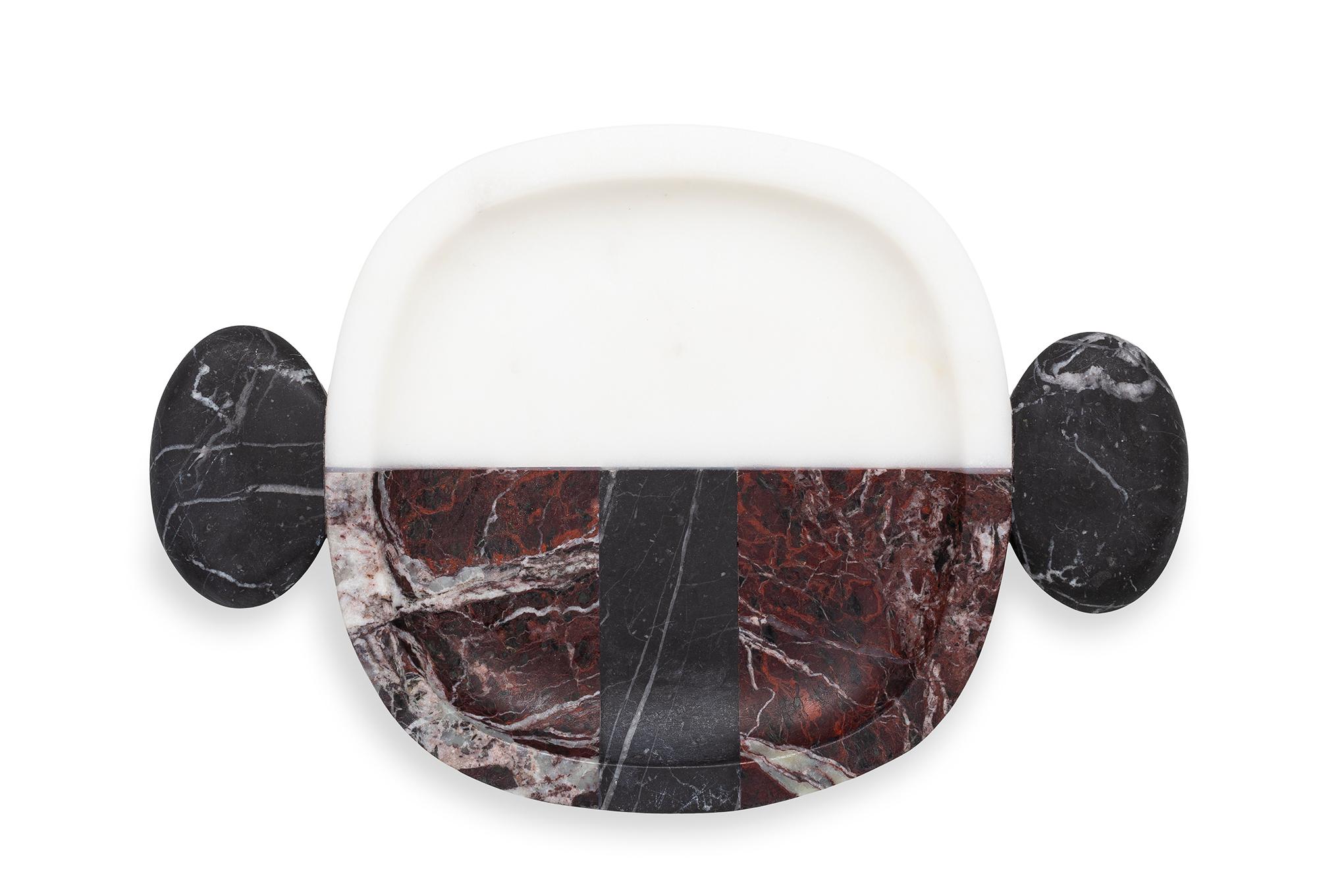 Carlo small plate by Matteo Cibic
Dimensions: 22.5 x 15 x 2 cm
Materials: Nero Marquinia, Bianco Michelangelo, Rosso Levanto

Please note that the Cibic pieces with “ears” or tray handles are ornamental and not functional. 
Use them can cause breaks