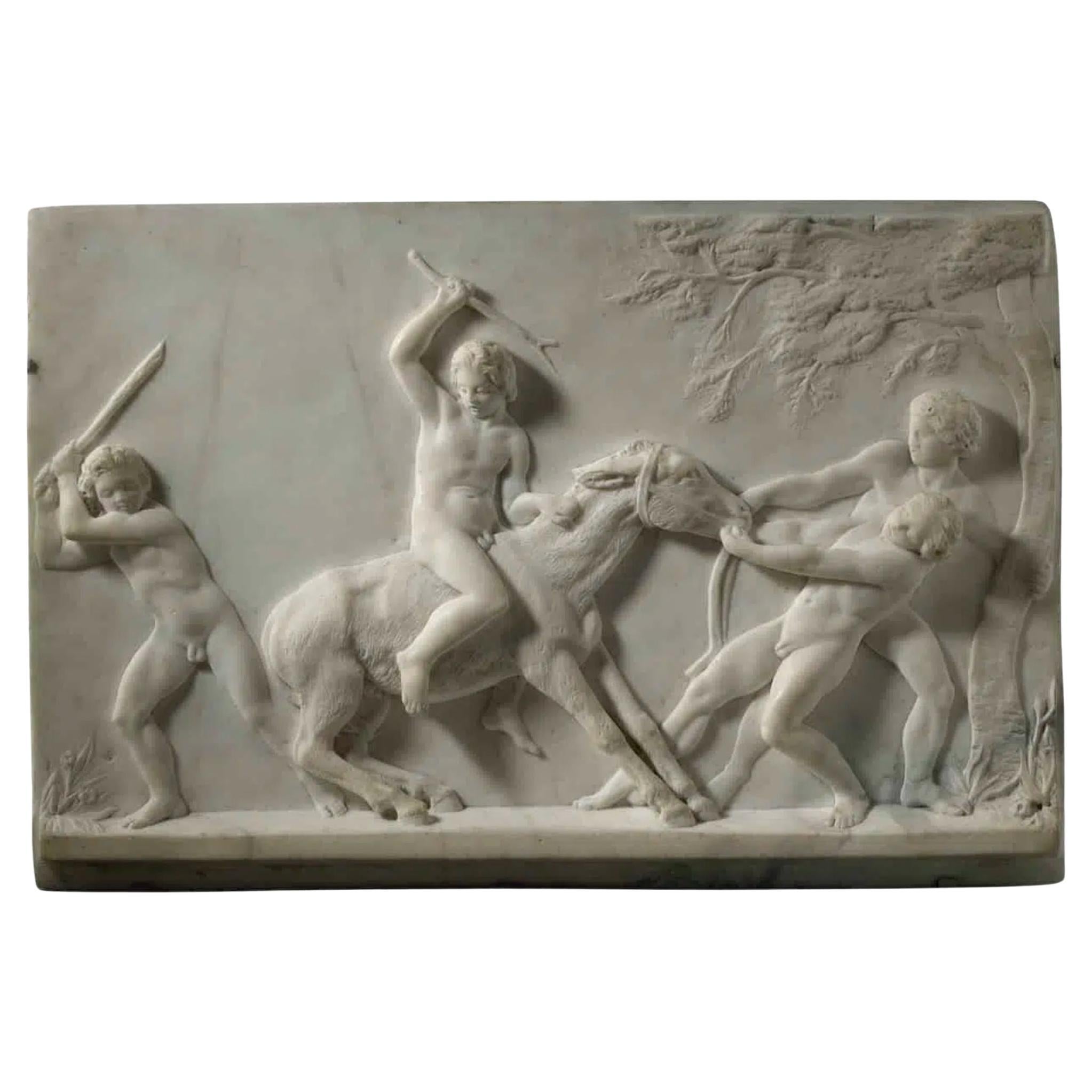 Carlo Uboldi, Marble Relief of Boys Playing with a Donkey, 19th Century For Sale