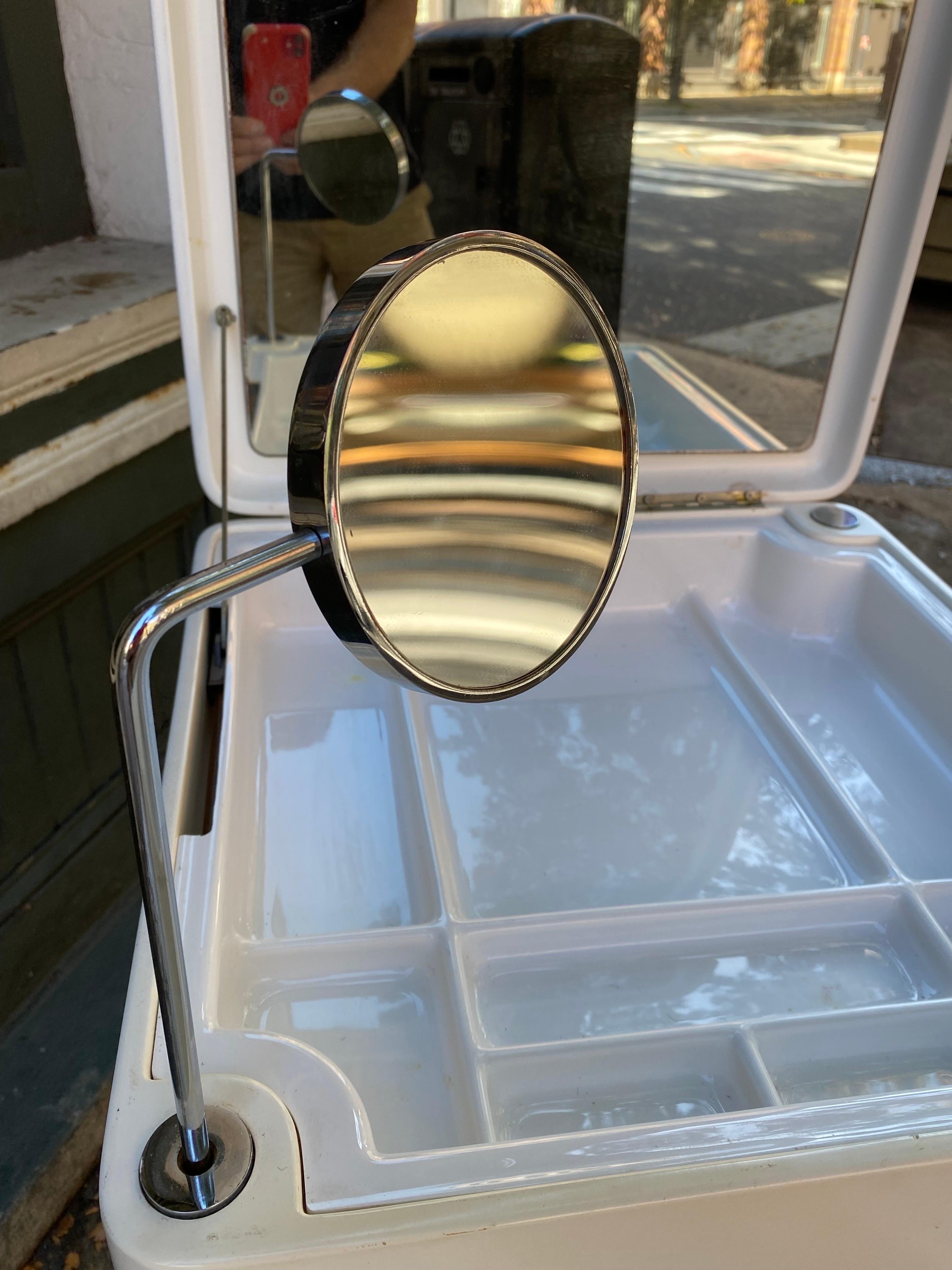 Carlo Urbinati for Tulli Zuccari Compact Vanity.  Designed in the 1970's, this clever box vanity has a surprising amount of storage space.  Seat lifts up for storage and there is a swing out drawer as well.  Top lifts up to reveal more storage and a