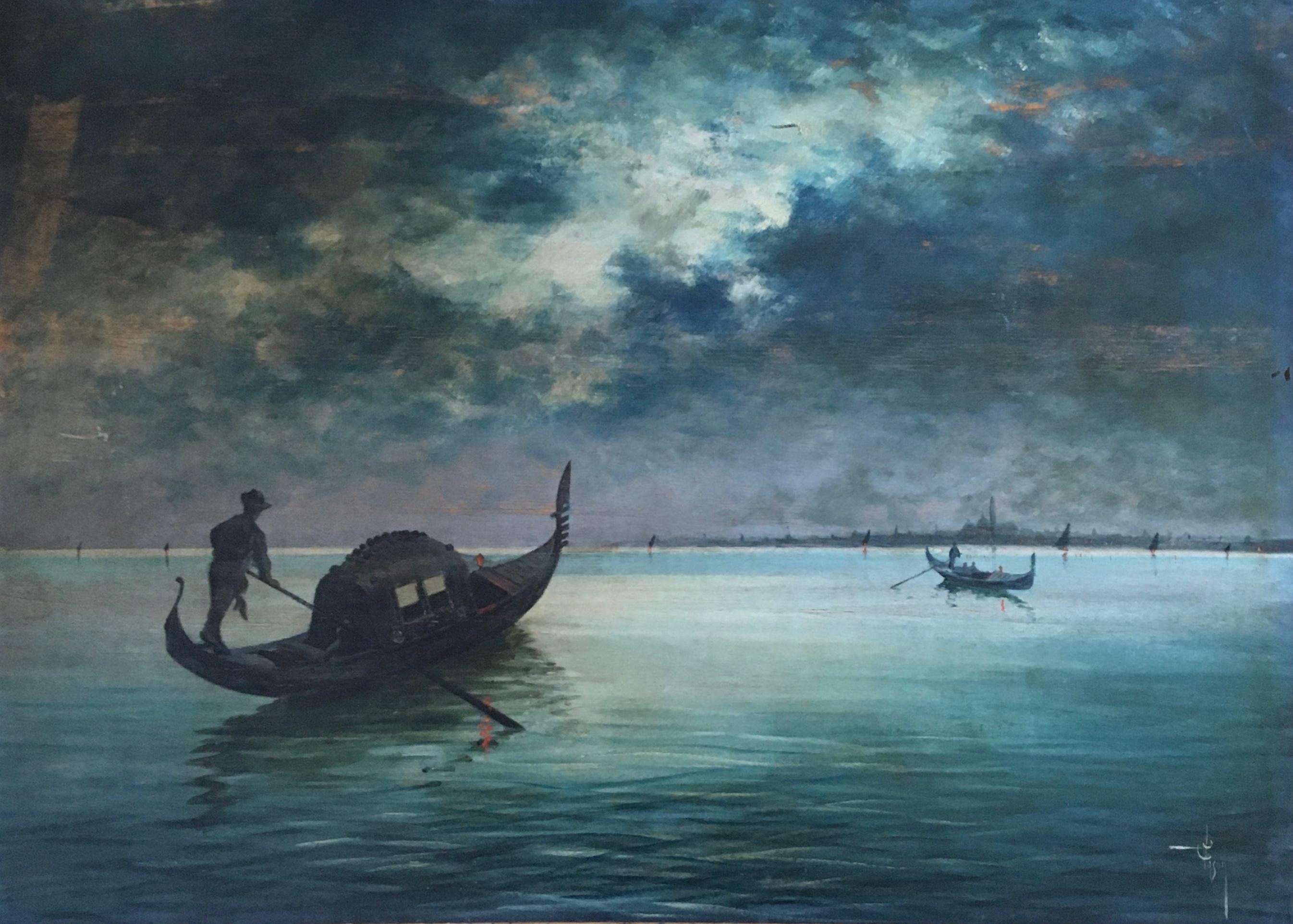Carlo Vason Landscape Painting - Gondolas on the lagoon and view of Venice