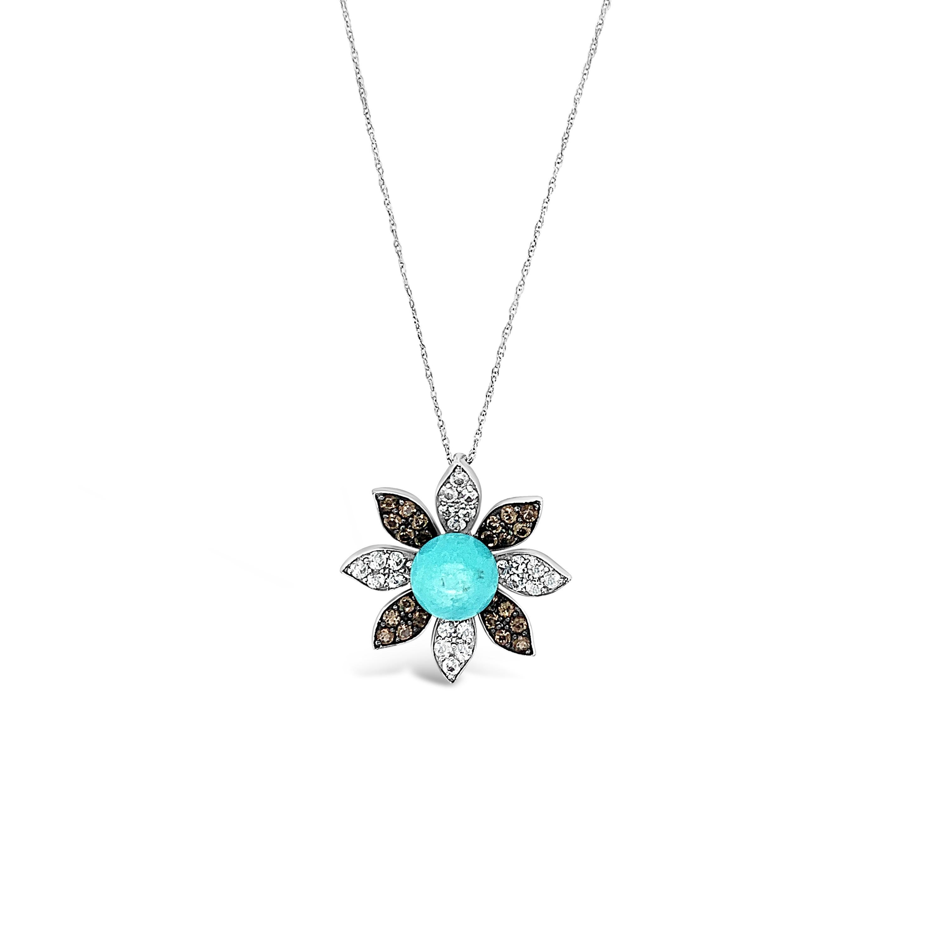 Round Cut Carlo Viani 14 Karat White Gold Flower Shaped Round Turquoise Pendant Necklace For Sale