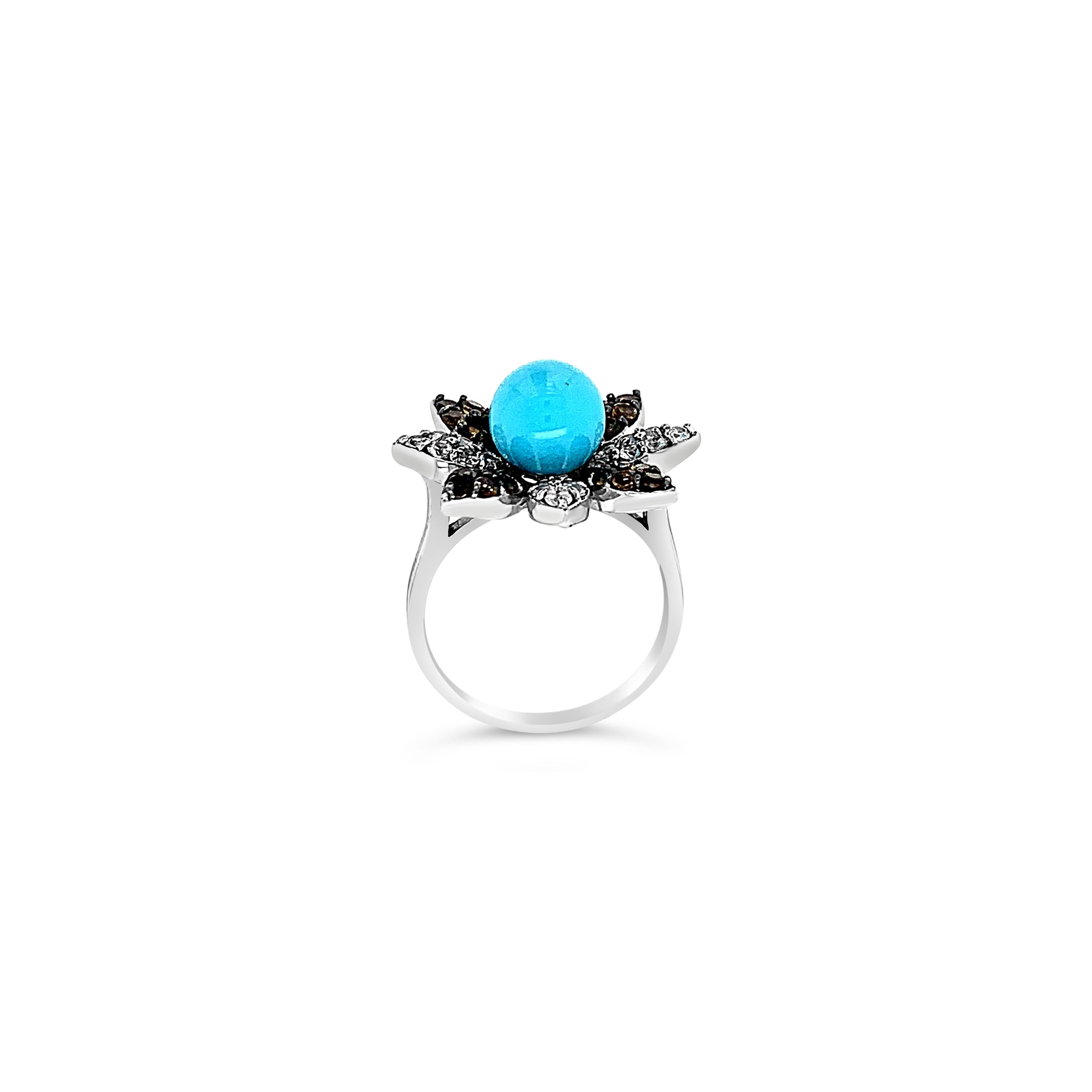 Carlo Viani® Ring featuring 3 1/3 cts. Robins Egg Blue Turquoise™, 1/2 cts. White Sapphire, 3/8 cts. Chocolate Quartz®,  set in 14K Vanilla Gold®

Diamonds Breakdown:
None

Gems Breakdown:
3 1/3 cts Turquoise
1/2 cts White Sapphire
3/8 cts Smoky