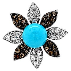Carlo Viani, Blumenring, 14 Karat Weißgold Türkis, Rauchquarz, weißer Saphir