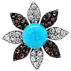 Carlo Viani, Blumenring, 14 Karat Weißgold Türkis, Rauchquarz, weißer Saphir