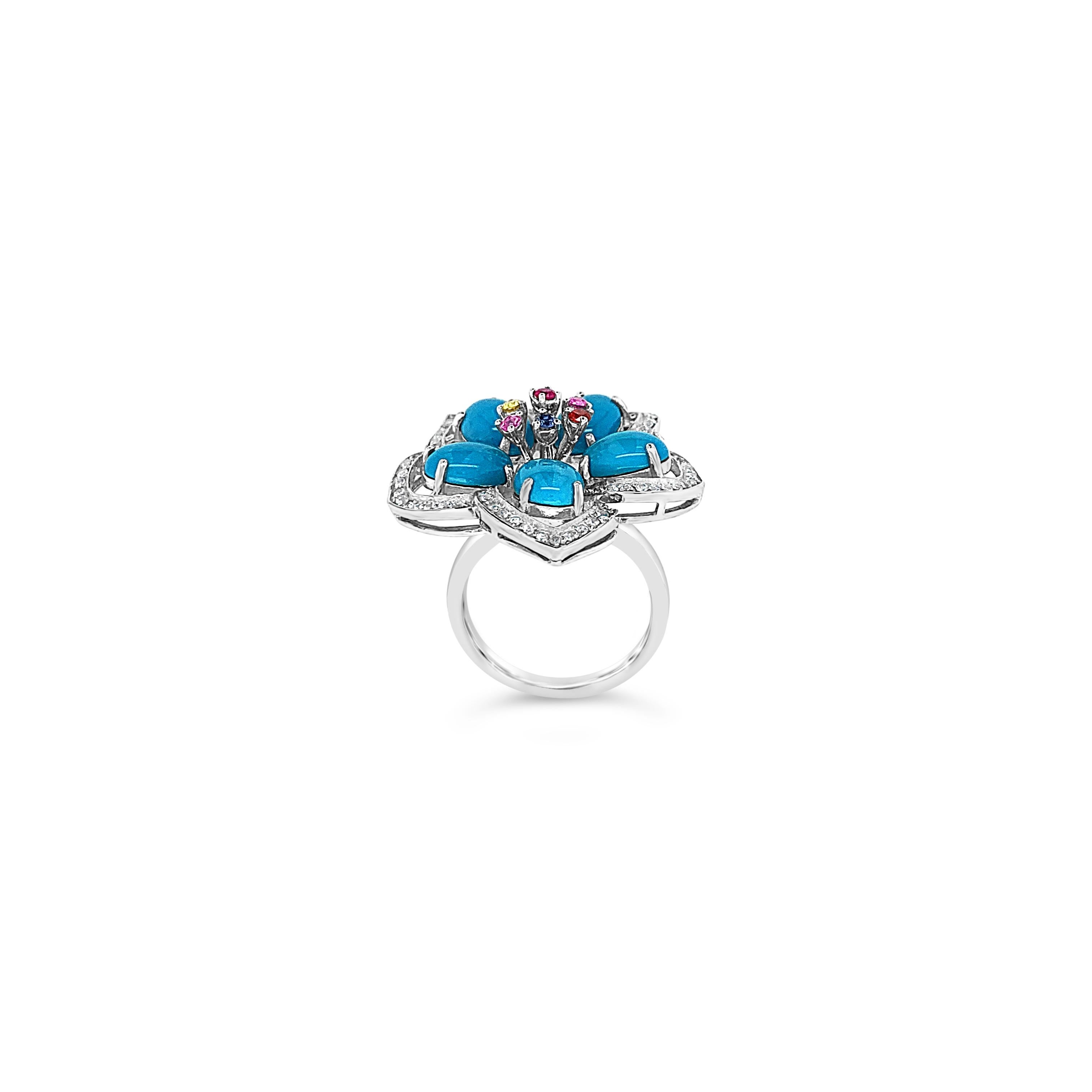 Carlo Viani® Ring featuring 4 7/8 cts. Robins Egg Blue Turquoise™, 1/8 cts. Blueberry Sapphire™, 1/8 cts. Bubble Gum Pink Sapphire™, 1/20 cts. Passion Ruby™, 1/20 cts. Orange Sapphire, 1/20 cts. Yellow Sapphire, 1/3 cts. White Sapphire, set in 14K