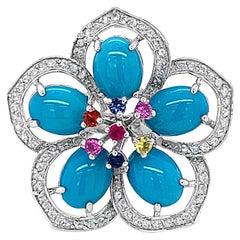 Carlo Viani 14K White Gold Turquoise, White & Pink Sapphire Flower Ring