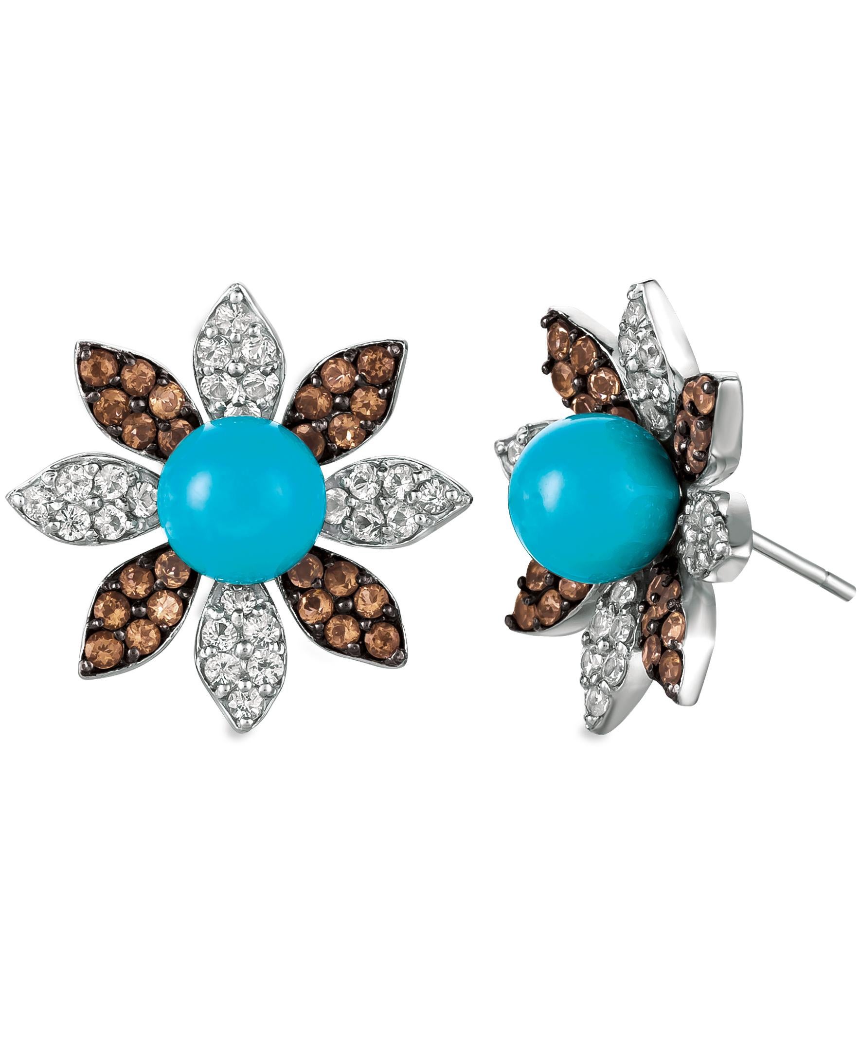 Women's or Men's Carlo Viani 14K White Gold Turquoise White Sapphire Smoky Quartz Fancy Earrings