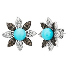 Carlo Viani 14K White Gold Turquoise White Sapphire Smoky Quartz Fancy Earrings