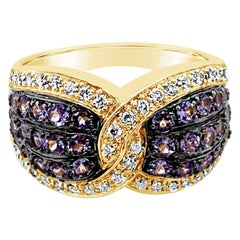 Carlo Viani 14 Karat Gelbgold Blau Lila Tansanit Runder Diamant Cocktail-Ring