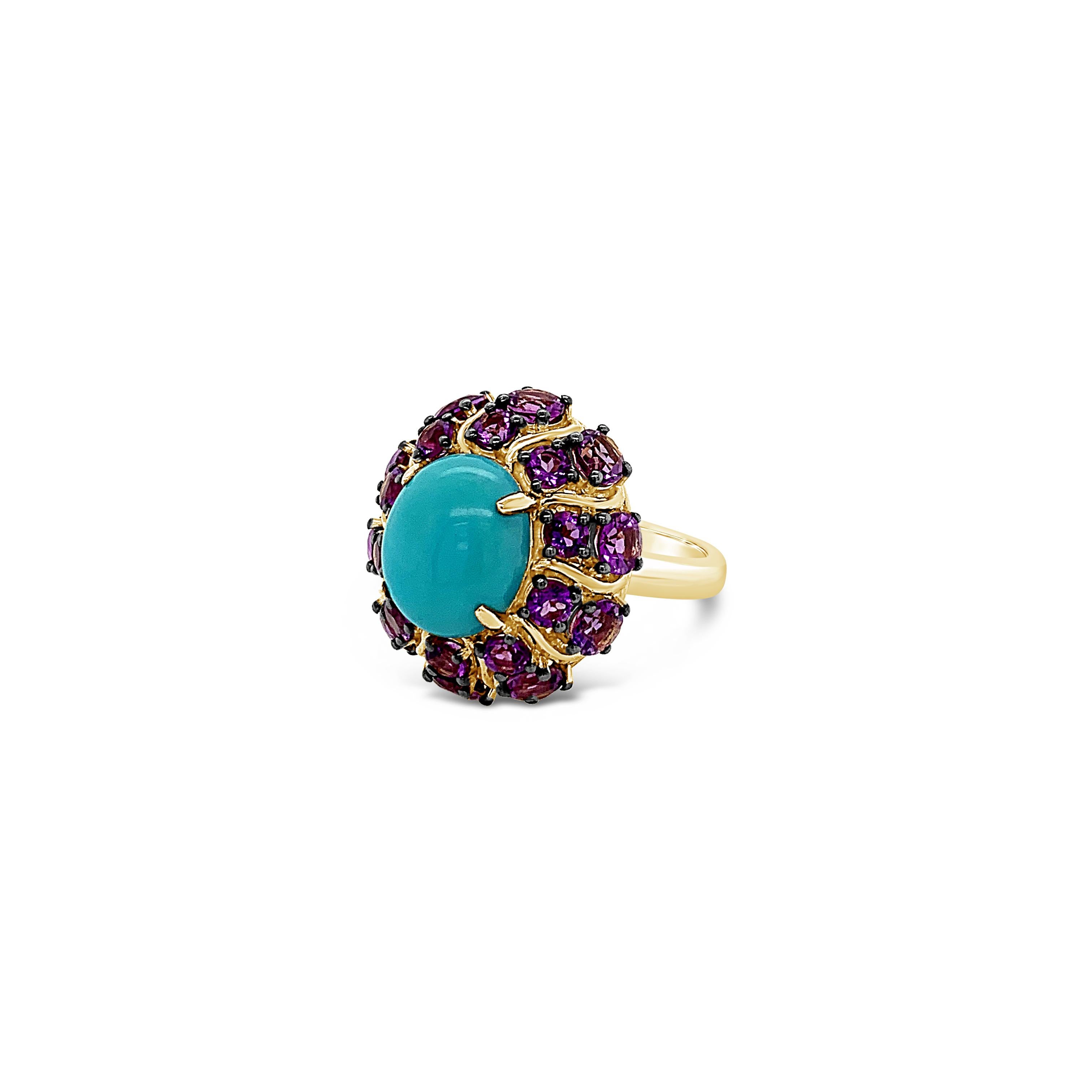 Carlo Viani® Ring featuring 3 1/2 cts. Robins Egg Blue Turquoise™, 3 1/4 cts. Grape Amethyst™, set in 14K Honey Gold™

Diamonds Breakdown:
None

Gems Breakdown:
3 1/2 cts Turquoise
3 1/3 cts Amethyst

Please feel free to reach out with any