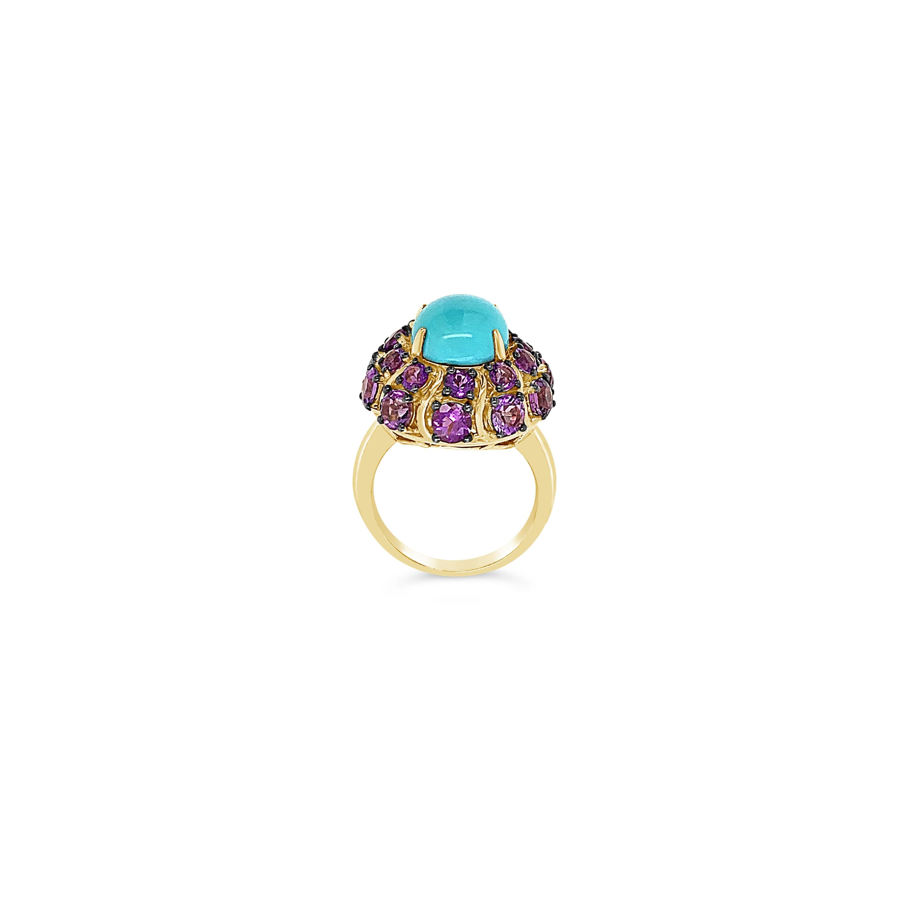 Oval Cut Carlo Viani 14K Yellow Gold Sleeping Beauty Turquoise and Amethyst Cocktail Ring