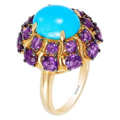 Carlo Viani: 14 Karat Gelbgold Cocktail-Ring, Schlafende Schönheit, Türkis und Amethyst
