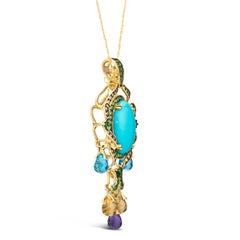 Carlo Viani 14K Yellow Gold Turquoise Blue Topaz Brown Diamond Pendant Necklace