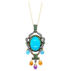 Carlo Viani 14K Yellow Gold Turquoise Blue Topaz Brown Diamond Pendant Necklace