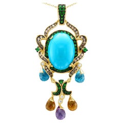 Carlo Viani 14K Yellow Gold Turquoise Blue Topaz Brown Diamond Pendant Necklace