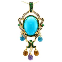 Carlo Viani, Halskette mit Anhänger, 14 Karat Gelbgold, Türkis, Blauer Topas, Brauner Diamant