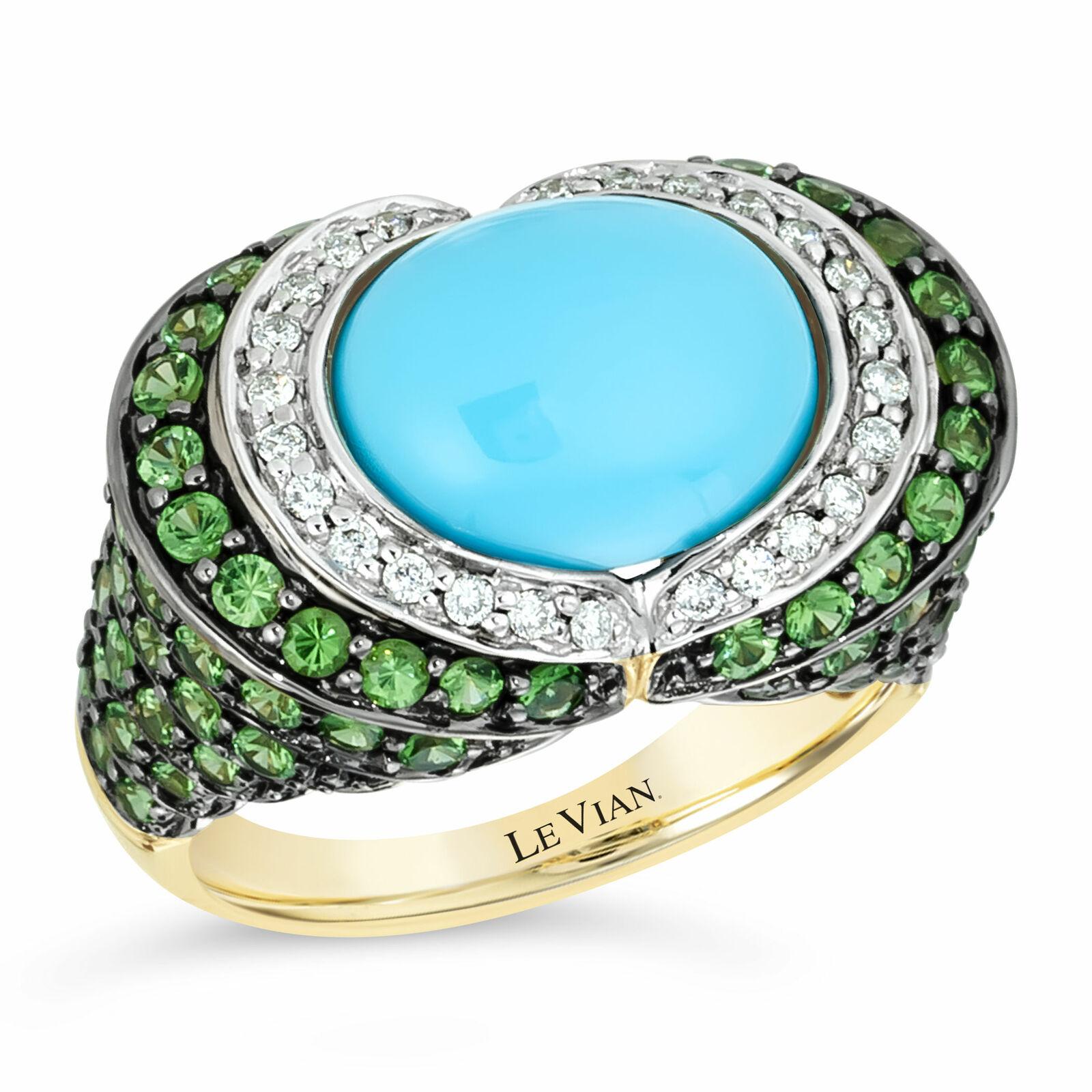 Round Cut Carlo Viani 14K Yellow Gold Turquoise Cabochon Tsavorite White Diamond Ring