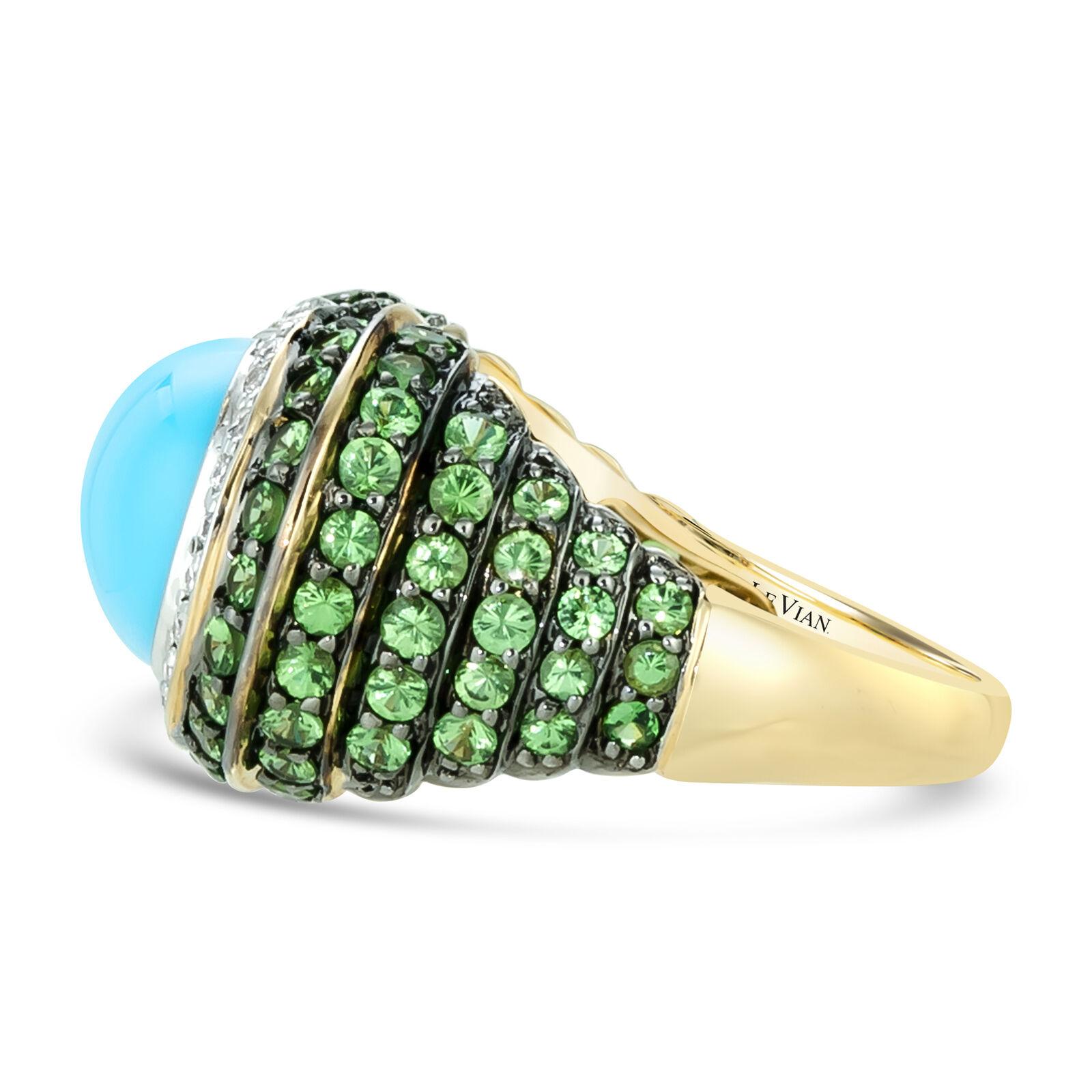 Carlo Viani 14K Yellow Gold Turquoise Cabochon Tsavorite White Diamond Ring In New Condition In Great Neck, NY