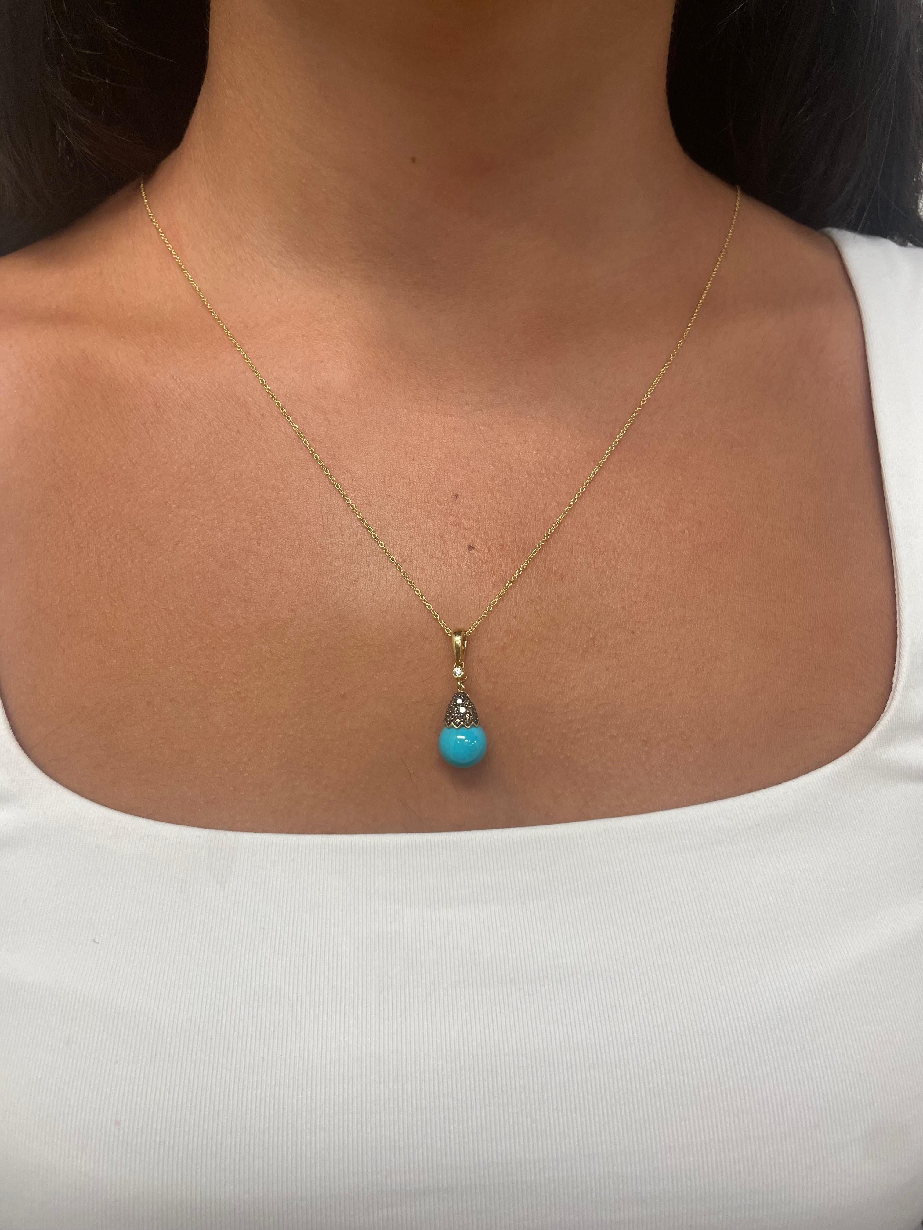Women's Carlo Viani 14K Yellow Gold Turquoise Round Brown Diamond Pendant Necklace For Sale
