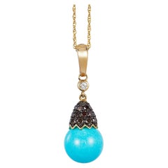 Collier à pendentif en or jaune 14K Carlo Viani, Turquoise, diamant rond Brown