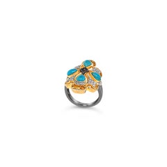 Carlo Viani 925 Sterling Silver Turquoise Gemstone Diamond Flower Cocktail Ring