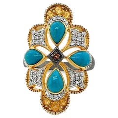 Carlo Viani 925 Sterling Silver Turquoise Gemstone Diamond Flower Cocktail Ring