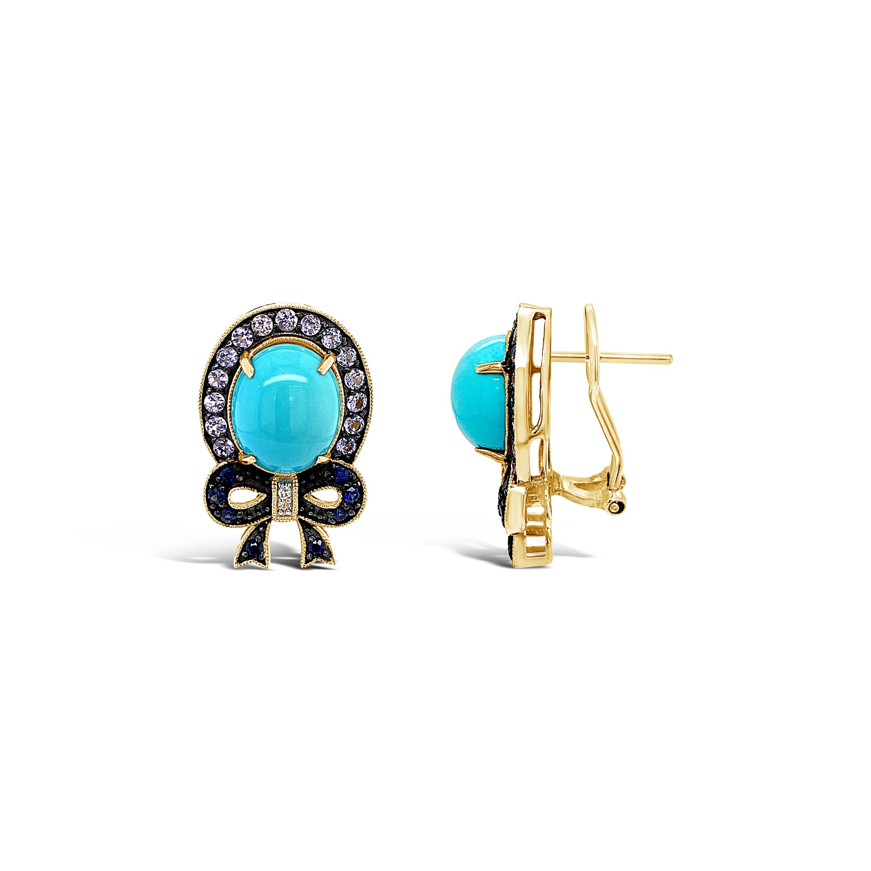 Carlo Viani® Earrings featuring 5 1/4 cts. Robins Egg Blue Turquoise™, 5/8 cts. Blueberry Tanzanite®, 1/3 cts. Blueberry Sapphire™, 1/20 cts. White Sapphire,  set in 14K Honey Gold™

Diamonds Breakdown:
None

Gems Breakdown:
5 1/4 cts Turquoise
5/8