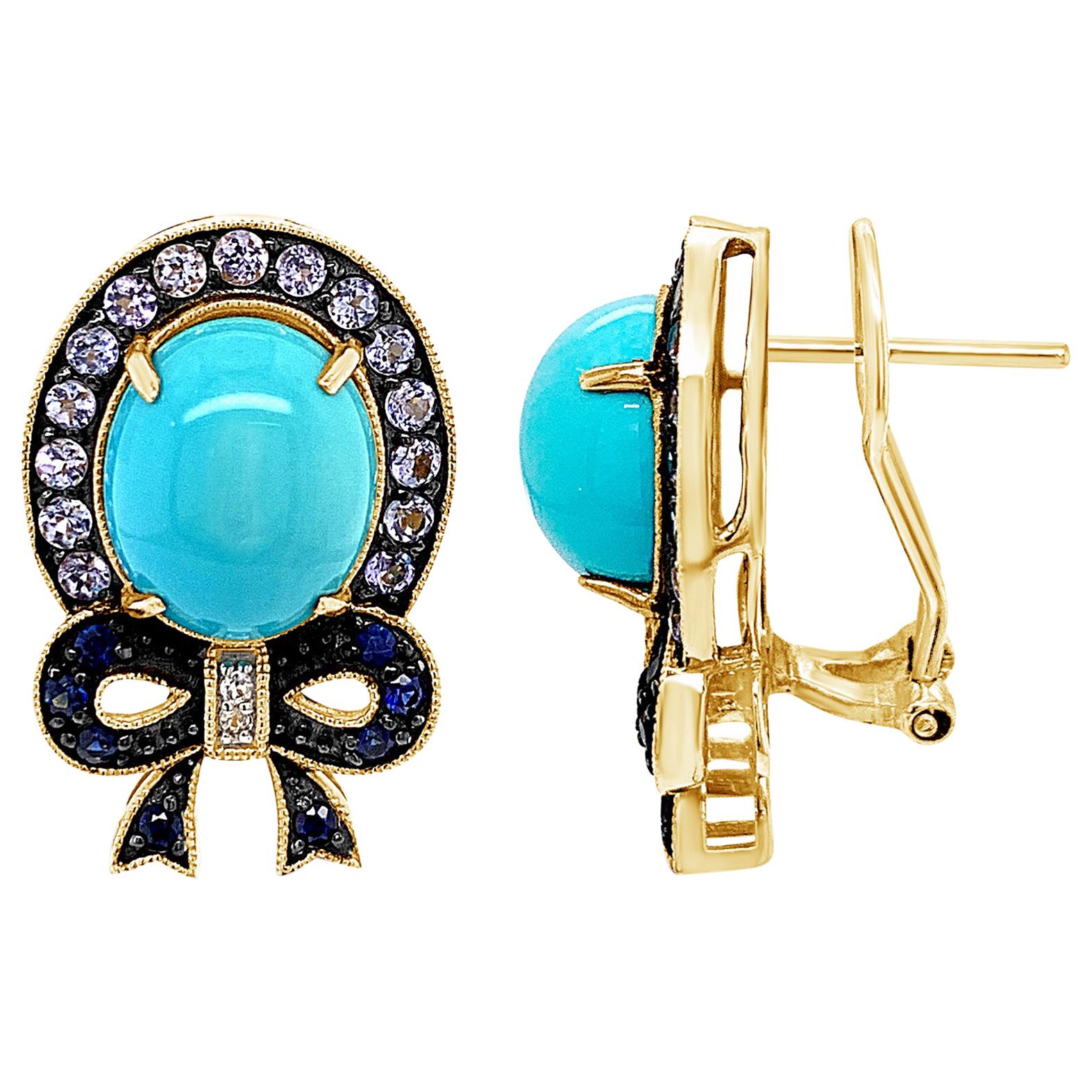 Carlo Viani 14K Yellow Gold Turquoise, Tazanite, Sapphire Halo Cocktail Earrings