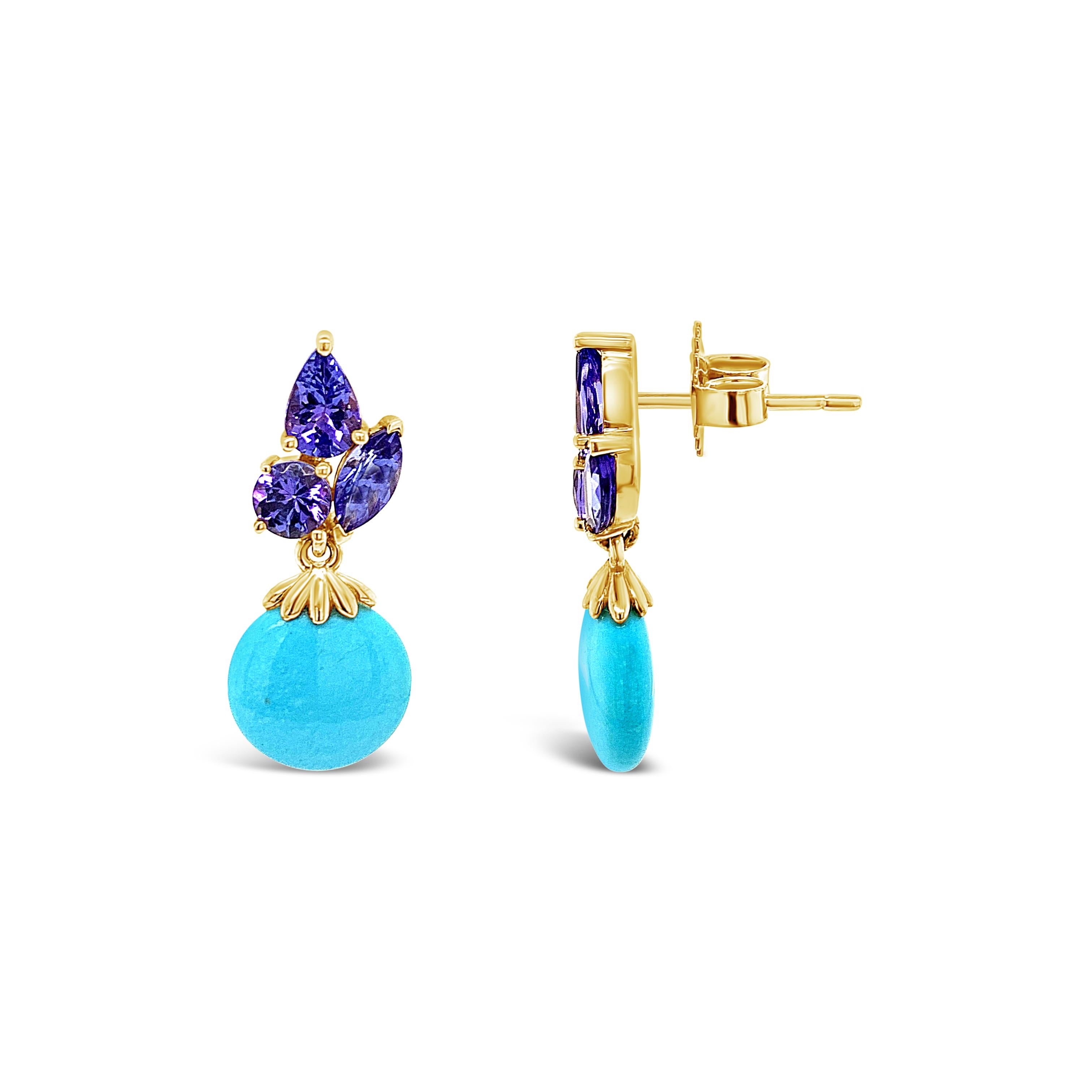 Carlo Viani® Earrings featuring 1 5/8 cts. Blueberry Tanzanite®, cts. Robins Egg Blue Turquoise™, set in 14K Honey Gold™. Please feel free to reach out with any questions! Item comes with a Carlo Viani® suede pouch!
