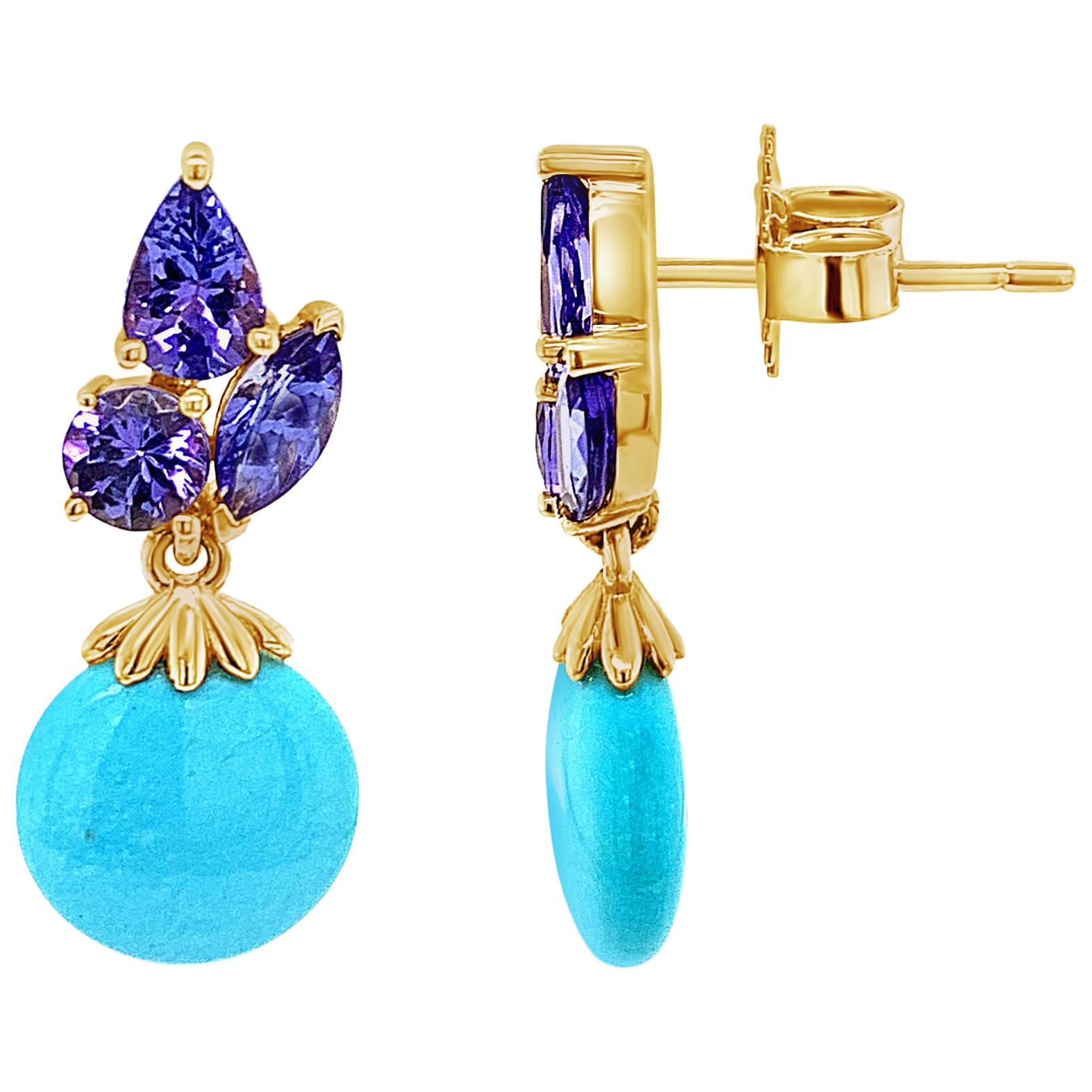 Carlo Viani Earrings with Tanzanite, Turquoise Set in 14 Karat Honey Gold
