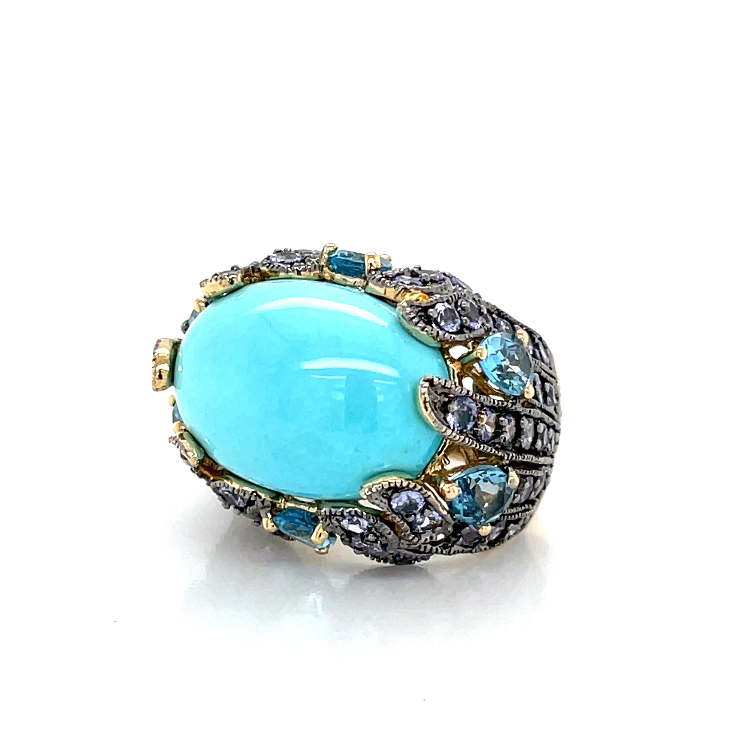 Cabochon Carlo Viani Le Vian Turquoise, Blue Topaz, Tanzanite 14K Gold Cocktail Ring