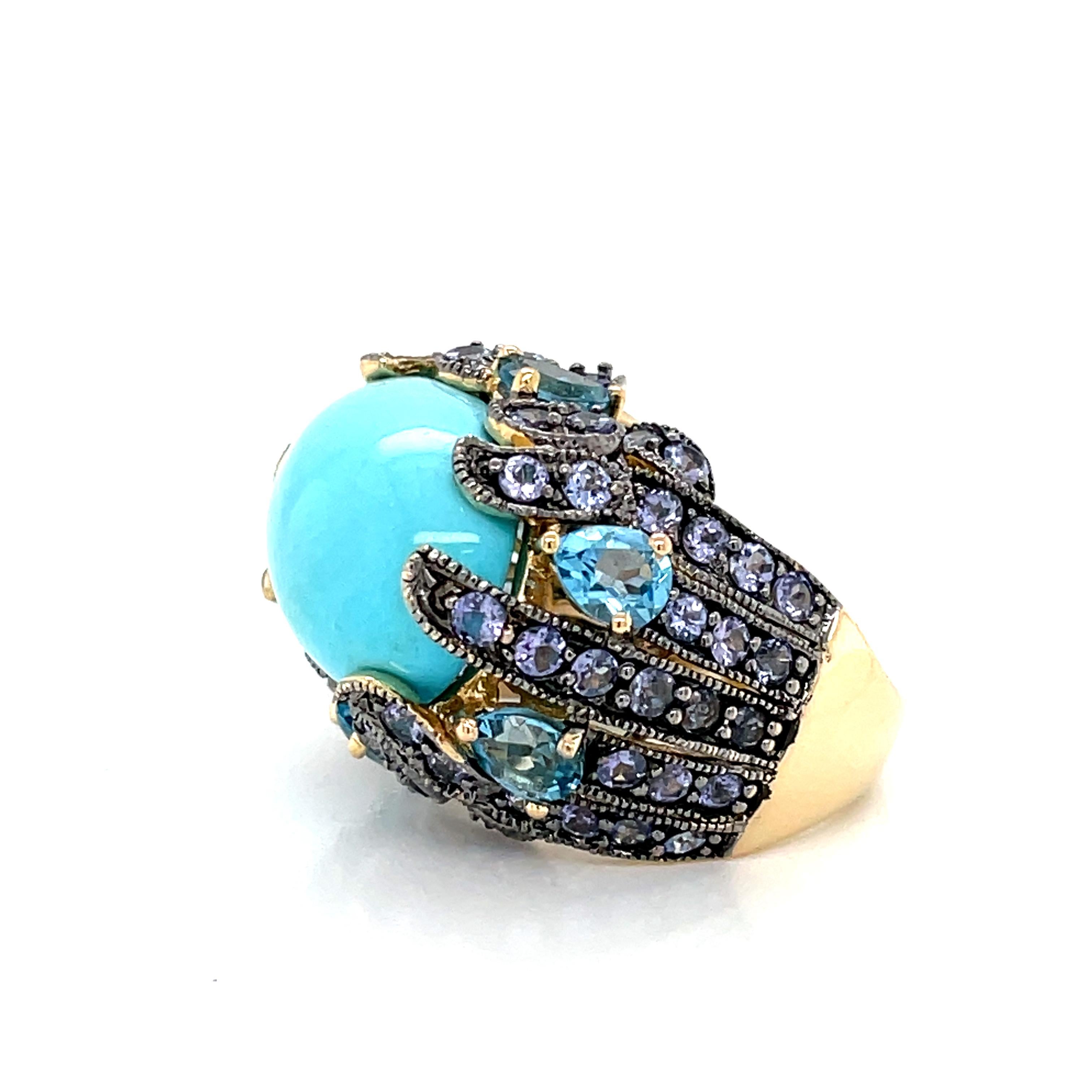 Carlo Viani Le Vian Turquoise, Blue Topaz, Tanzanite 14K Gold Cocktail Ring In Excellent Condition In Mount Kisco, NY
